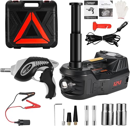Electric Jack BENYAN - Kit de gato de automóvil de 5 toneladas con llave de impacto eléctrica y bomba de inflado, gato portátil de 12 V con luz LED