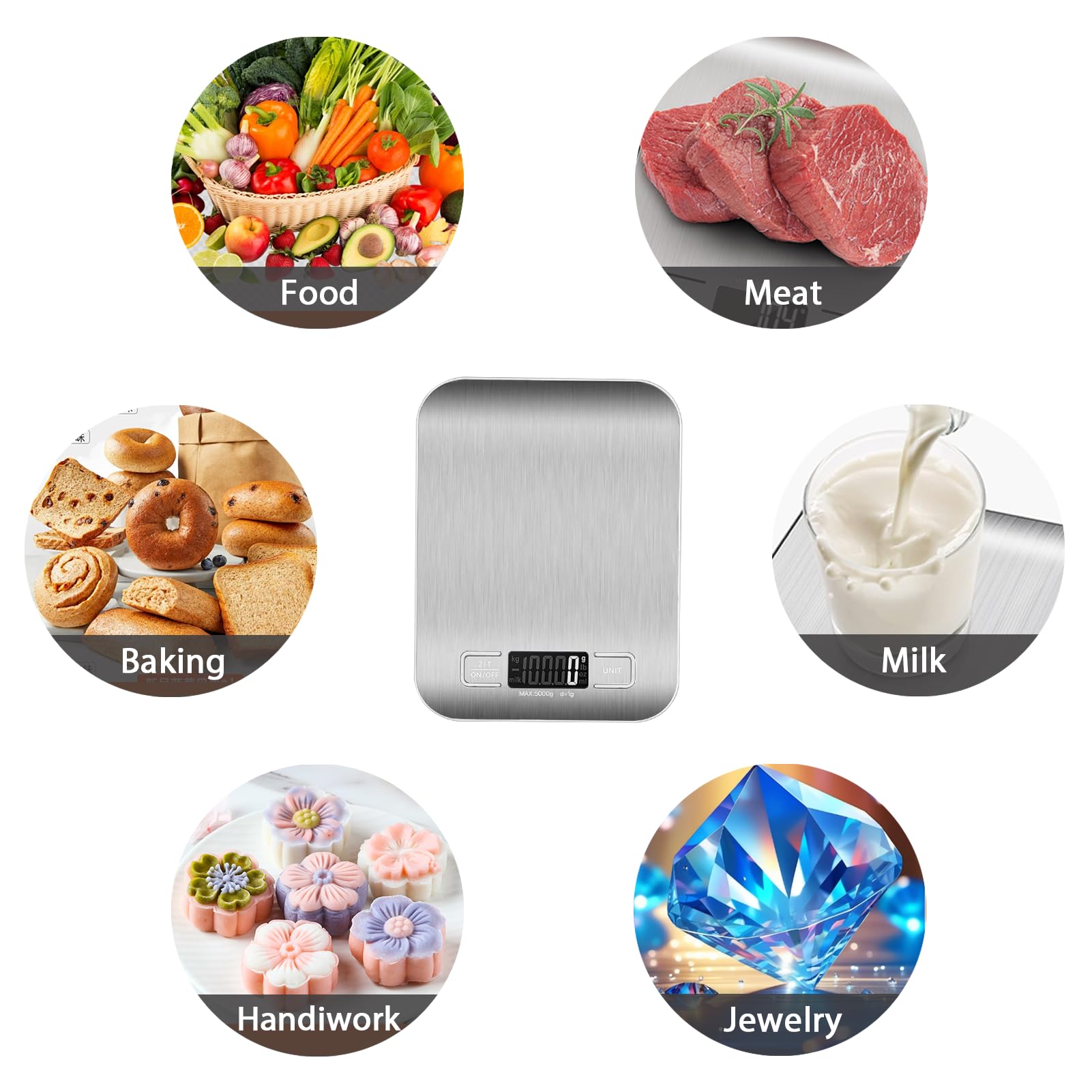 Lebensmittelwaage mit USB wiederaufladbar, 5 kg digitale Küchenwaage, Gewicht Gramm und oz zum Backen, Kochen, Edelstahl und gehärtetes Glas, wasserdichter Körper, 1 g, präzise Skala