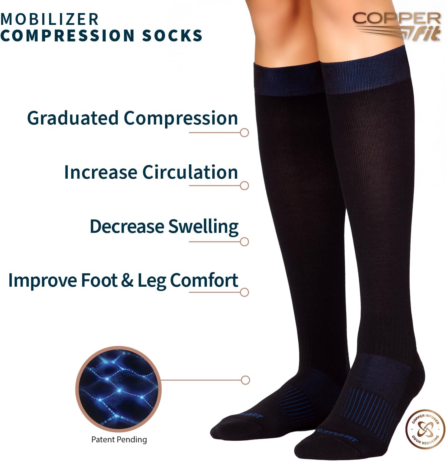 Copper Fit Mobilizer Compression Socks Easy On & Off Improves Circulation, Reduces Swelling for Men & Women, Work & Running - Image 2