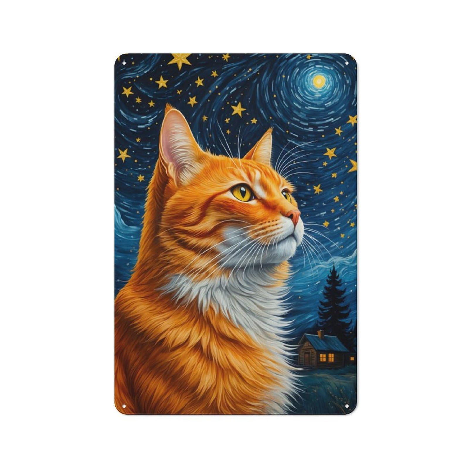Junmoney Orange Cat Starry Night Rustic Tin Wall Sign 30X20cm, Kitchen Wall Decor For Bakery, Diner, Cafe Or Family Room