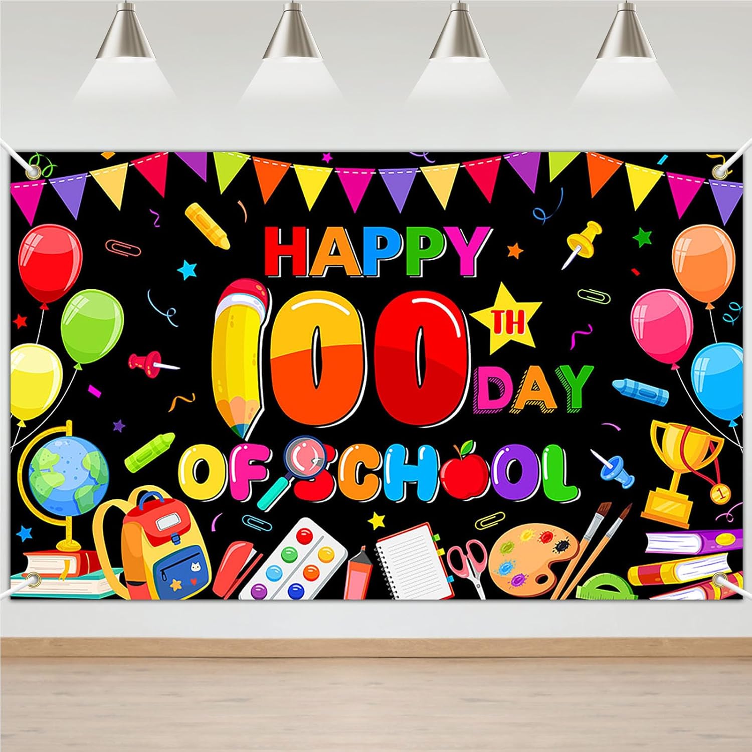 Avezano 100th Day of School Banner Colorful Happy 100th Day of School Backdrop Decorations for Kids School Classroom Party Supplies (White, 7x5ft)
