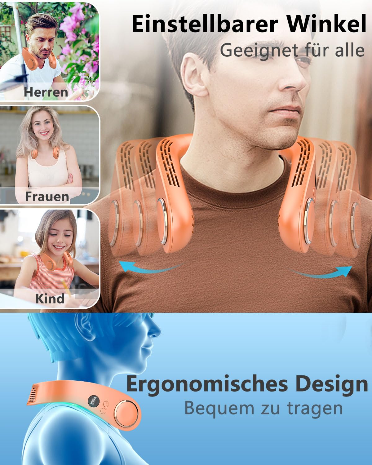 Kouric Hals Ventilator mit Kühlung,5500mAh Tragbarer Ventilator zum Umhängen,Air Conditioner Portable Fan Orange