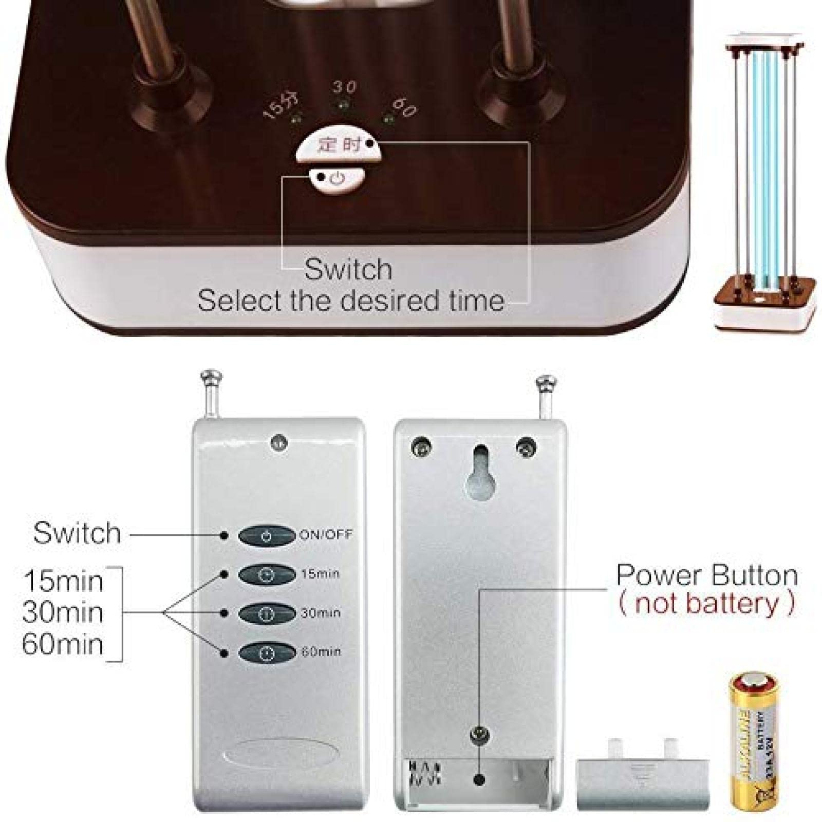 Lámpara Ultravioleta De Desinfección Purificador De Aire UV-C Esterilizador De Habitación Móvil Luz Control Remoto Mata El 99% De Las Bacterias, Virus Y Moho para Automóvil, Hogar, Refrigera