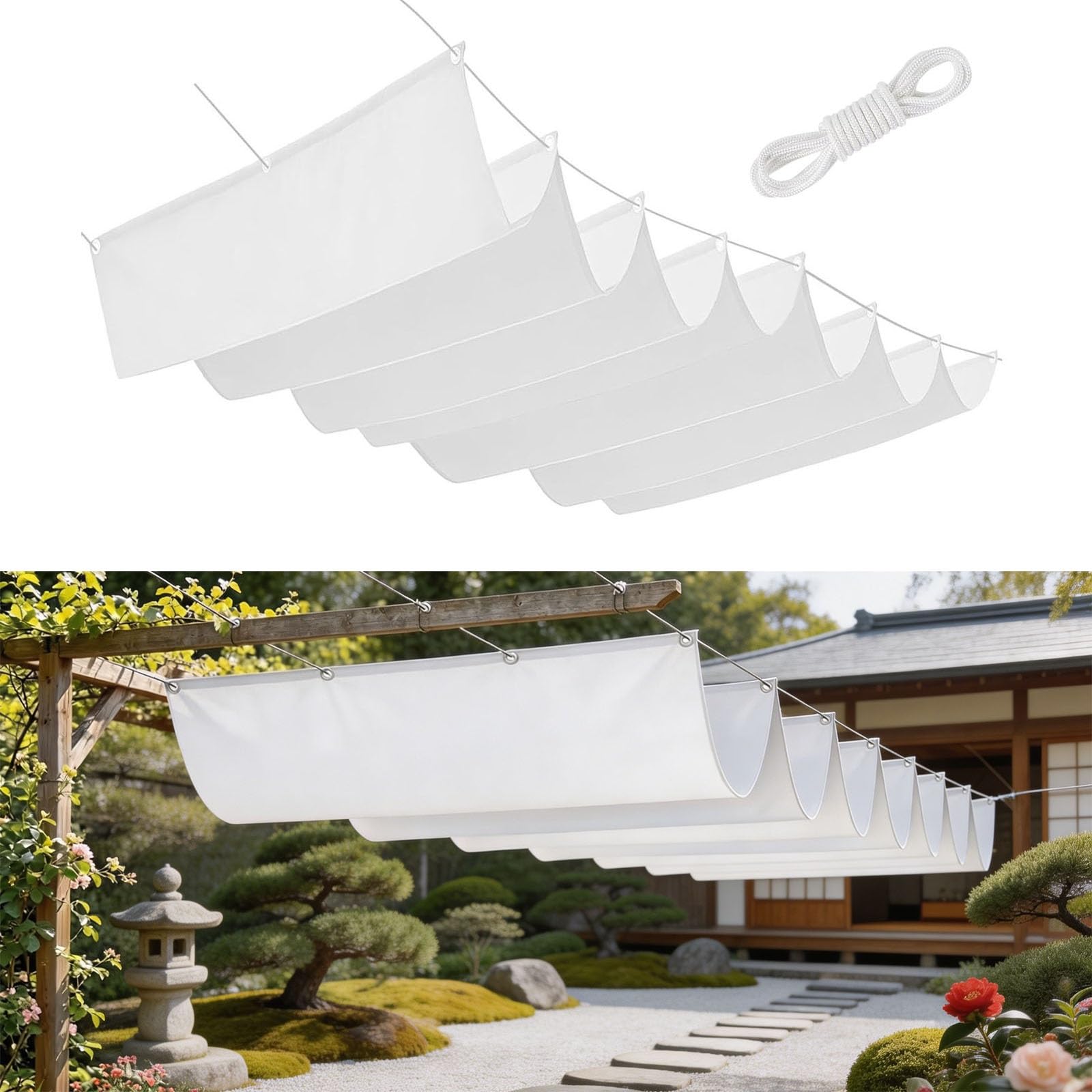 Voile d'ombrage rétractable vague 100x300 cm rectangulaire blanc pour terrasse
