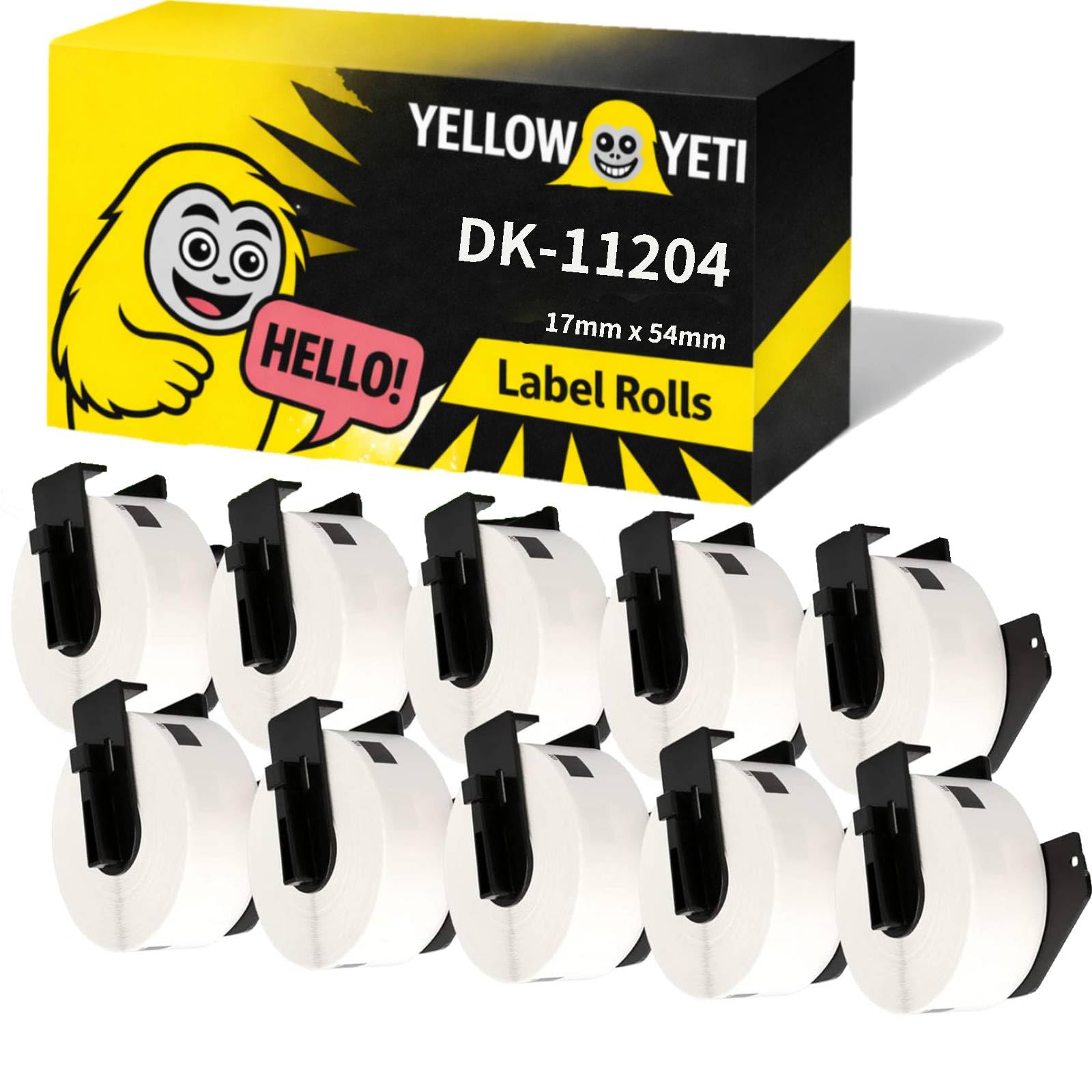 Yellow Yeti 10 Rolls DK-11204 17 x 54mm Labels Compatible with Brother P-Touch QL-500 QL-570 QL-700 QL-710W QL-720NW QL-800 QL-810W QL-820NWB QL-1050 QL-1060N QL-1100 QL-1110NWB | 400 Labels per Roll
