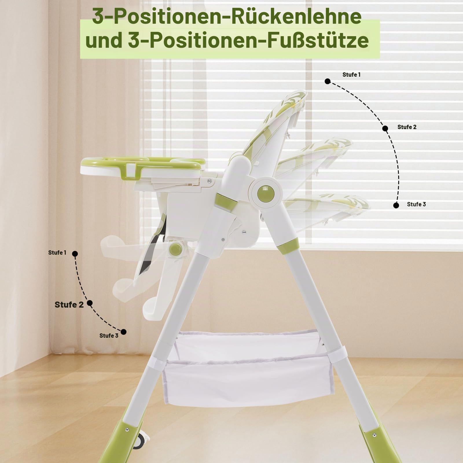 HOMCENT Hochstuhl Baby Klappbar, Kinderhochstuhl mit Fußstütze, Rädern, Verstellbare Höhe und Rückenlehne, Vielseitiger Hochstuhl Baby ab Geburt