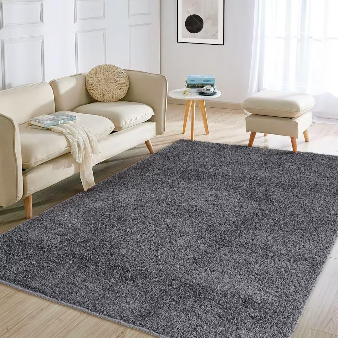 GlowSolArea Rug 5x8 Solid Area Rug Non Slip Non Shedding Shaggy Rug Modern Thick Area Rug Moroccan Fluffy Rug Throw Rug High-Low Pile Rug for Living Room Nursery, Dark Grey