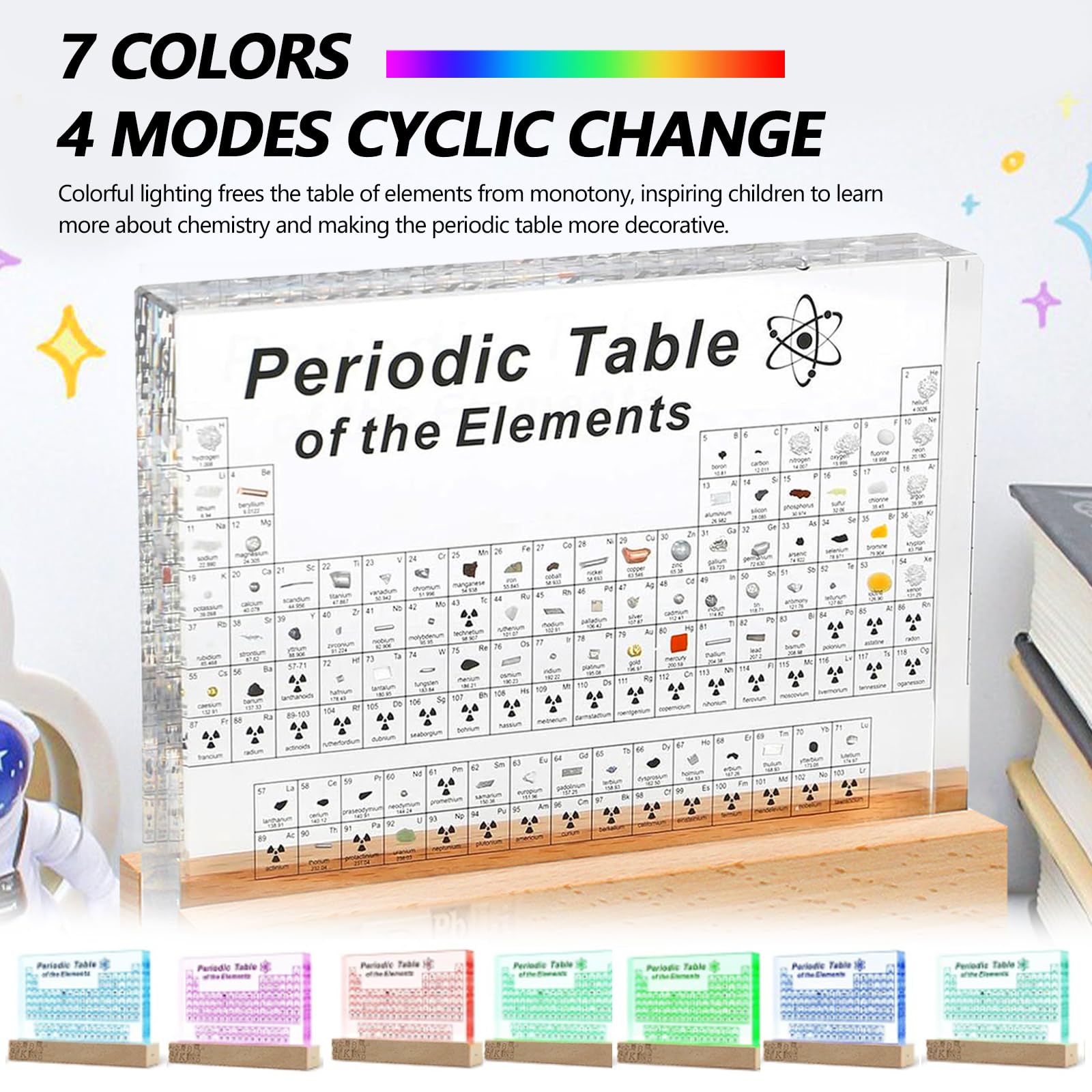 Tavola Periodica, Tavola Periodica Con Elementi Reali All'interno, con 83 Elementi Reali All'Interno, Display Della Tavola Periodica con Base di Luci a 7 Colorate LED,Strumento Didattico Elementi