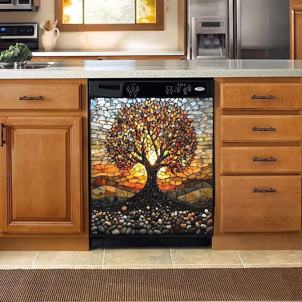 Tree of Life Kitchen Dishwasher Decor Magnet Cover, Pebble Colorful Glass Style Vinyl Fridge Magnetic Sticker Full for Kitchen, Easy Clean Dish Washer Door Decals 23 W x 26 H