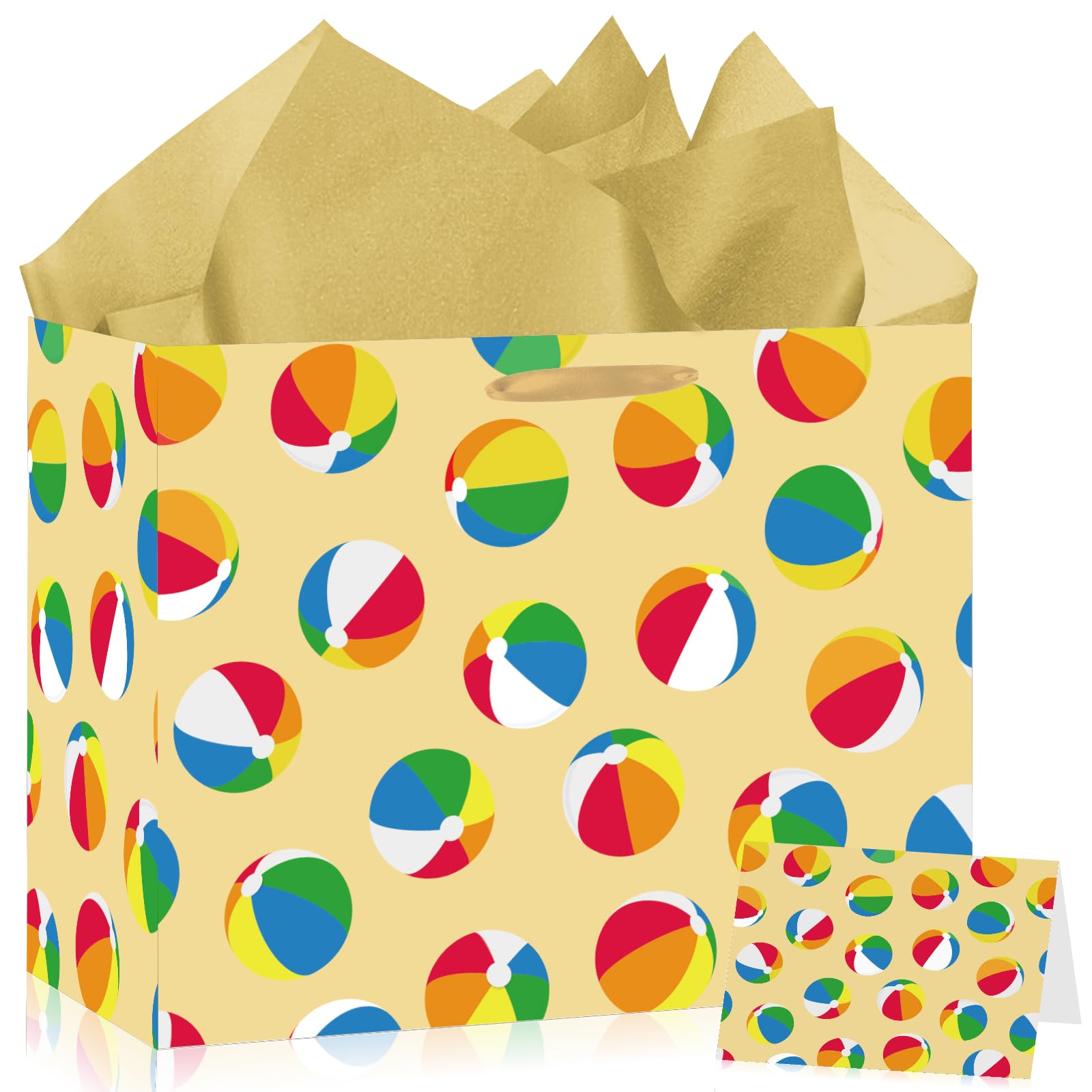 Woosytoo Beach Ball Gift Bag with Tissue Paper and Card - Colorful Summer Pool Party Gift Wrapping Bag - Hawaiian Luau Theme Birthday Present Sack for Kids Boys Girls Women Men