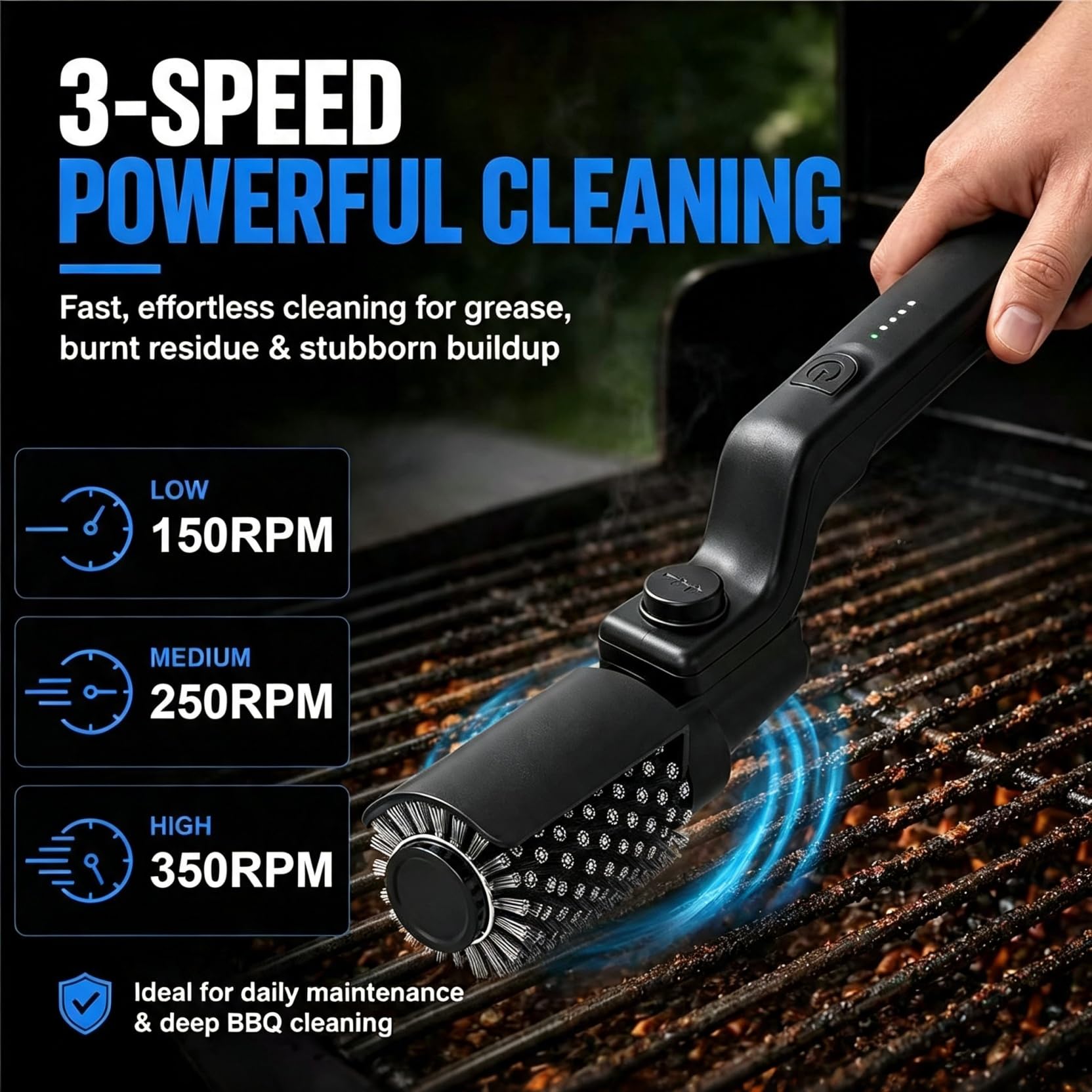 ALLUMK Spazzola grill elettrica impermeabile IPX7, testina orientabile 180°, 3 velocità, 2 testine sostitutive, autonomia oltre 100 min per griglie barbecue