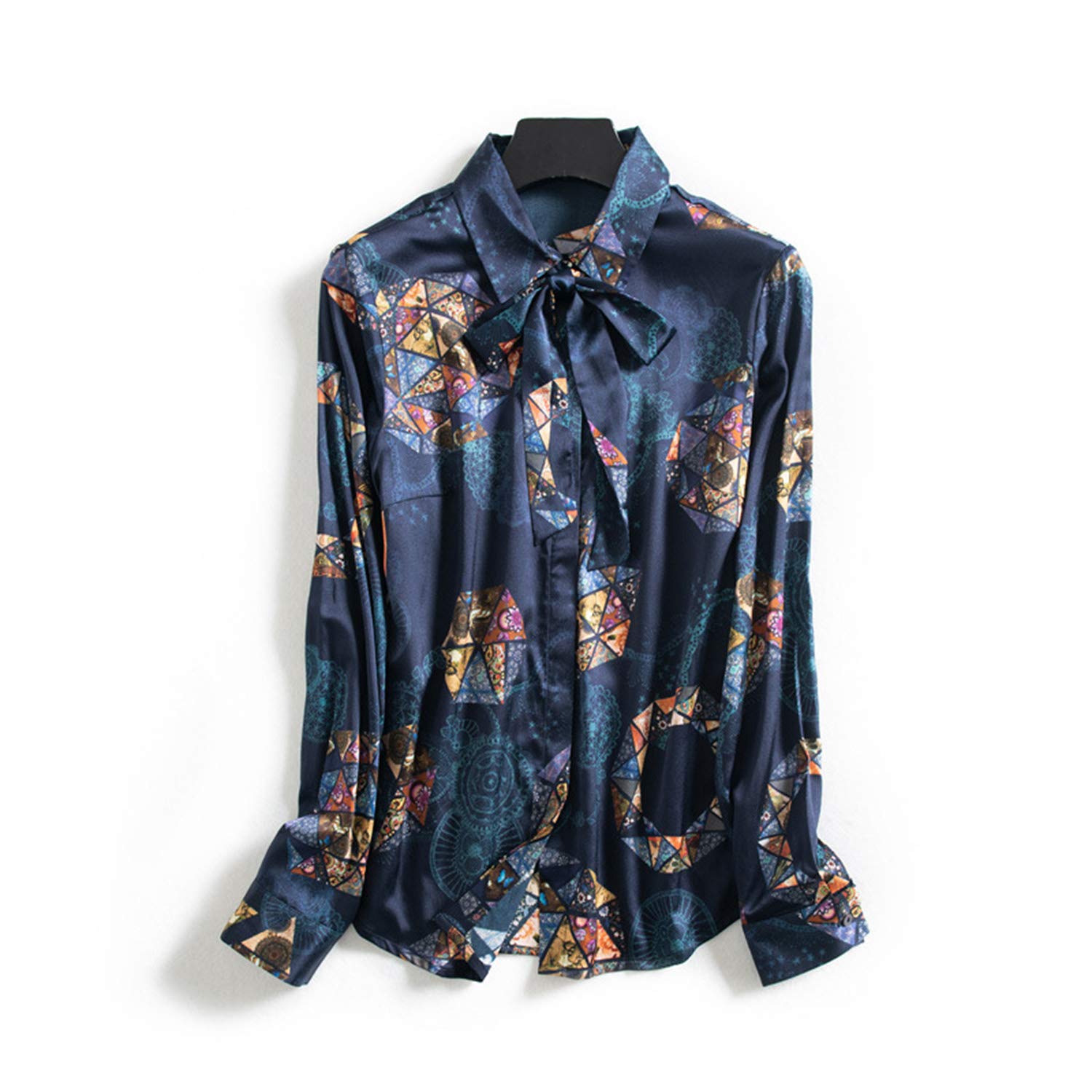 Camicia A Maniche Lunghe in Seta con Stampa Stelle, Top con Fiocco in Pizzo da Donna, Camicetta Elegante
