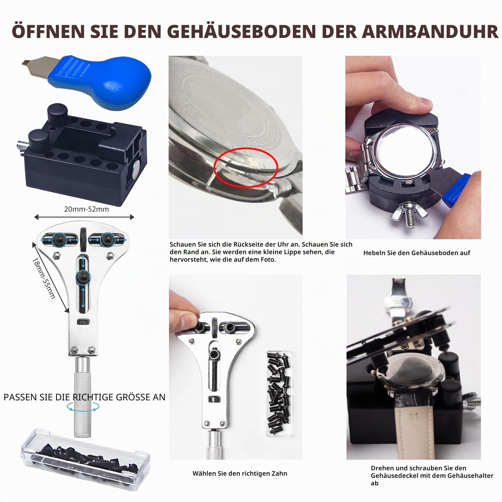 Uhrenreparatur-Set, Uhrenbatterie-Ersatzwerkzeug, Entfernung und Größenanpassung, Uhrengehäuseöffner, Federstegwerkzeuge, Uhrenschlüssel-Rückenentferner, Uhren-Reinigungsset mit Werkzeugtasche