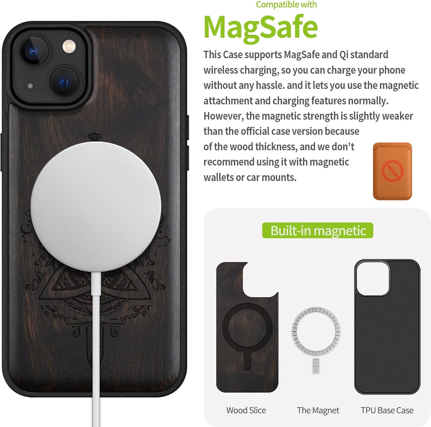 Carveit Magnetic Wood Case for iPhone 14 Plus Case [Natural Wood & Black Soft TPU] Shockproof Protective Cover Unique Wooden Case Compatible with magsafe (Norse Emblems -Blackwood)