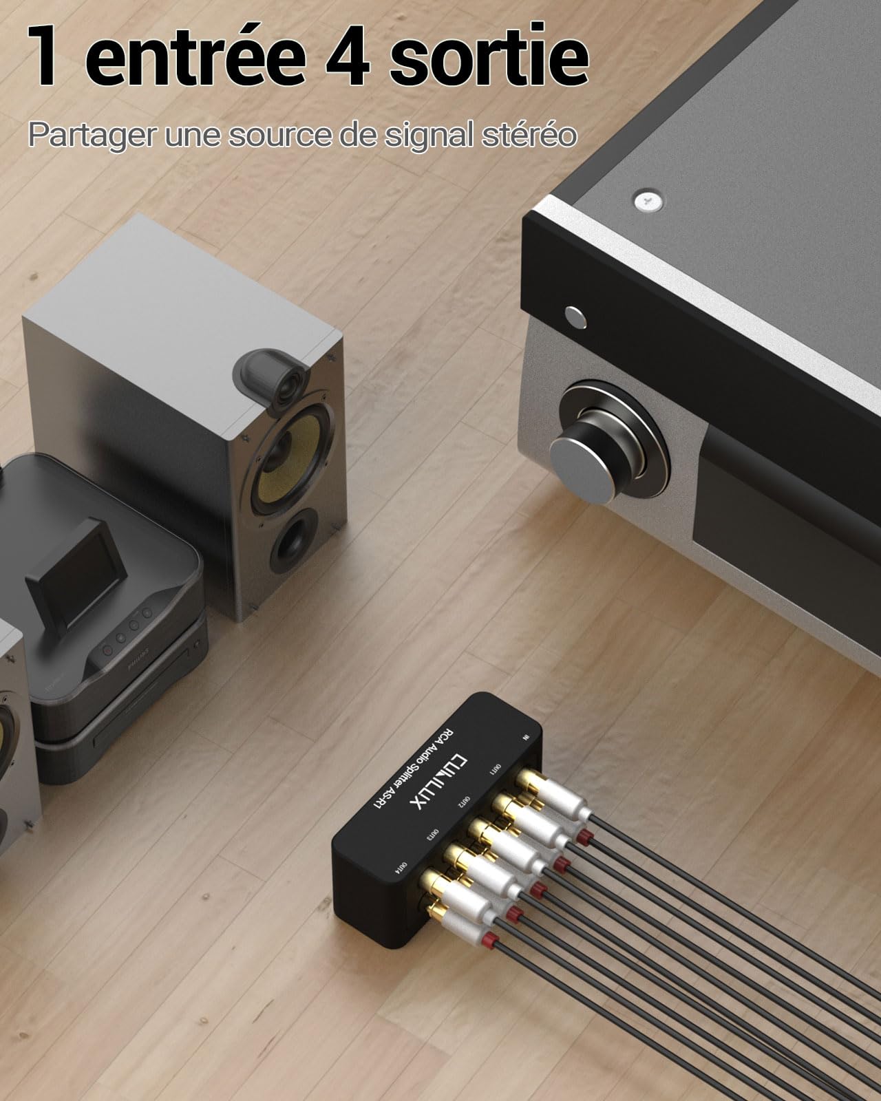 Cubilux Boîtier Sélecteur Audio RCA 4 Voies, Diviseur Stéréo RCA 1 Entrée 4 Sorties, Boîtier en Alliage d’Aluminium Durable
