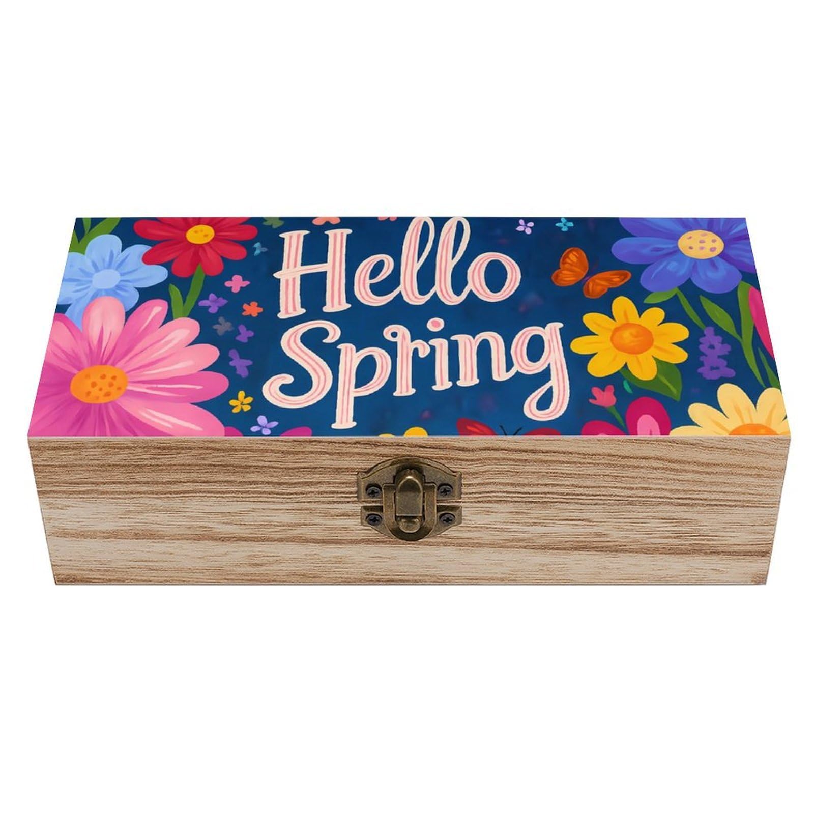 Oudrspo Hello Spring, Coloful Flowers Garden Retro Wooden Storage Box Keepsake Jewelry Decorative Art Storages Box Gift Boxs