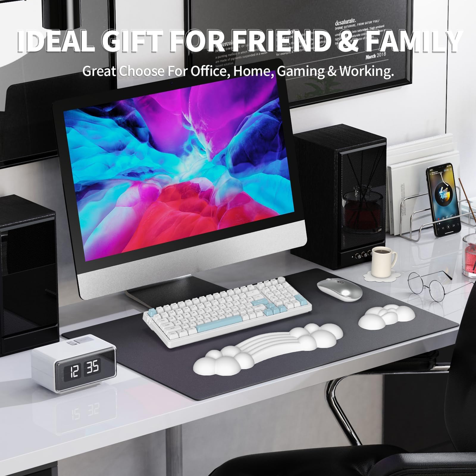 Zestaw Podpórek pod Nadgarstek do Klawiatury i Myszy - Keyboard Wrist Rest + Mouse Wrist Pad + Coaster, Pianka z Pamięcią Ergonomiczna Odkładka Pod Nadgarstek do Laptopa, Biura, Pracy, Gier - Biała