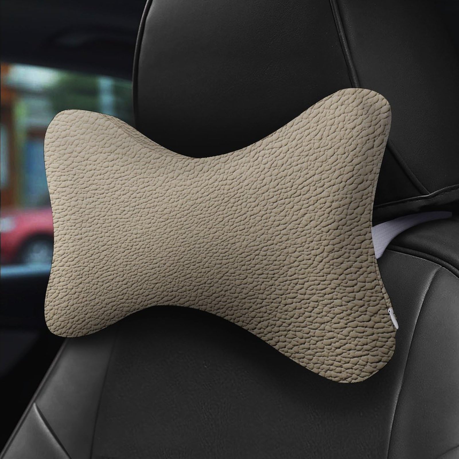 Juego de 2 almohadas de cuero beige para el cuello del coche, almohadas de viaje para el cuello, reposacabezas de automóvil, almohada de hueso para asiento de coche