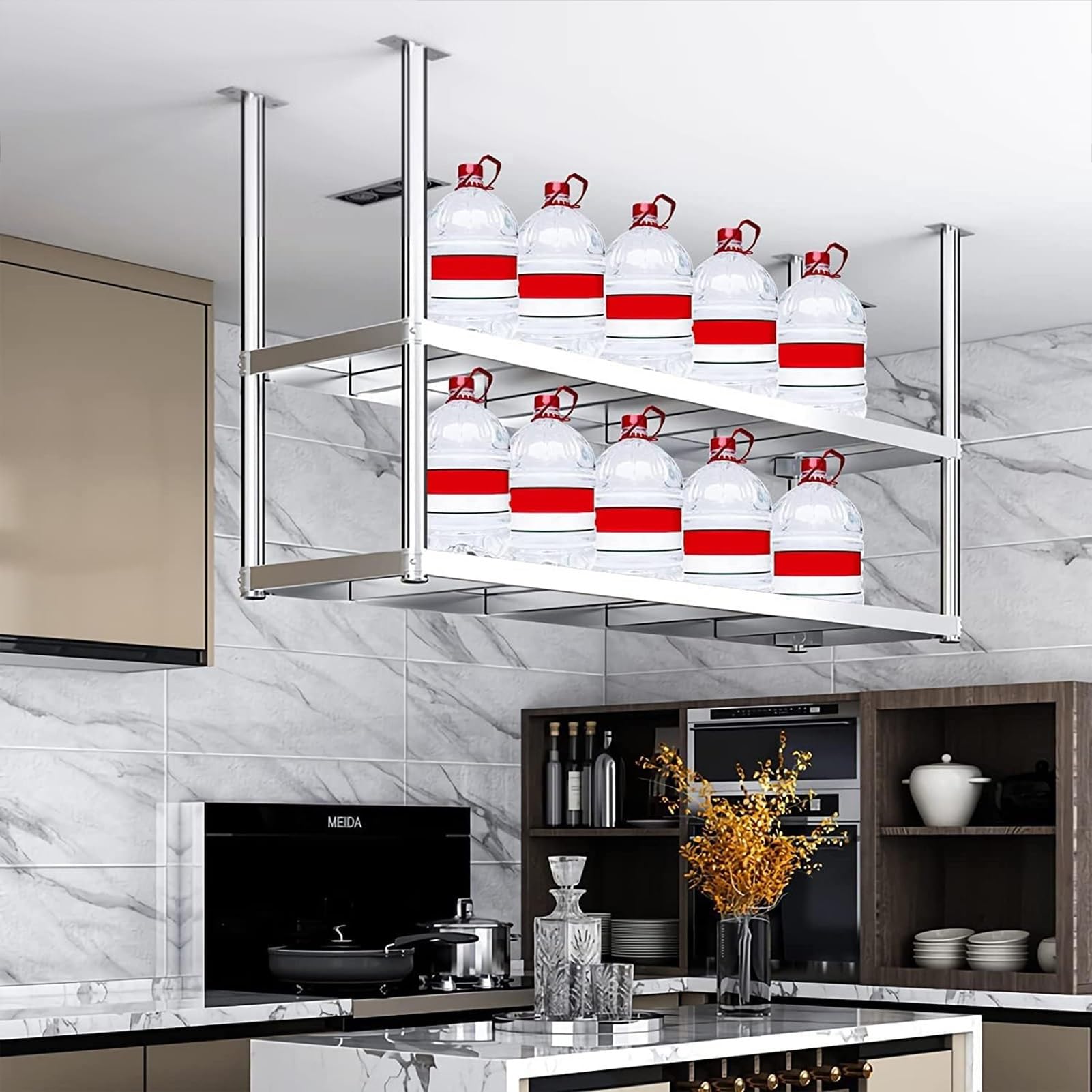 Étagère suspendue à 2 niveaux en acier inoxydable pour plafond de cuisine