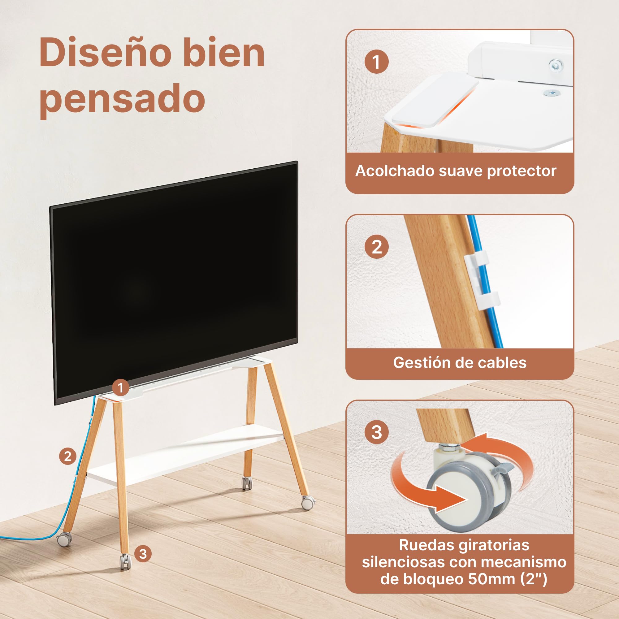 Soporte para TV con Ruedas para televisores de 49 a 75 Pulgadas | hasta 40 kg, diseño de caballete con estructura metálica y estante de madera, soporte de TV móvil con ruedas para tienda