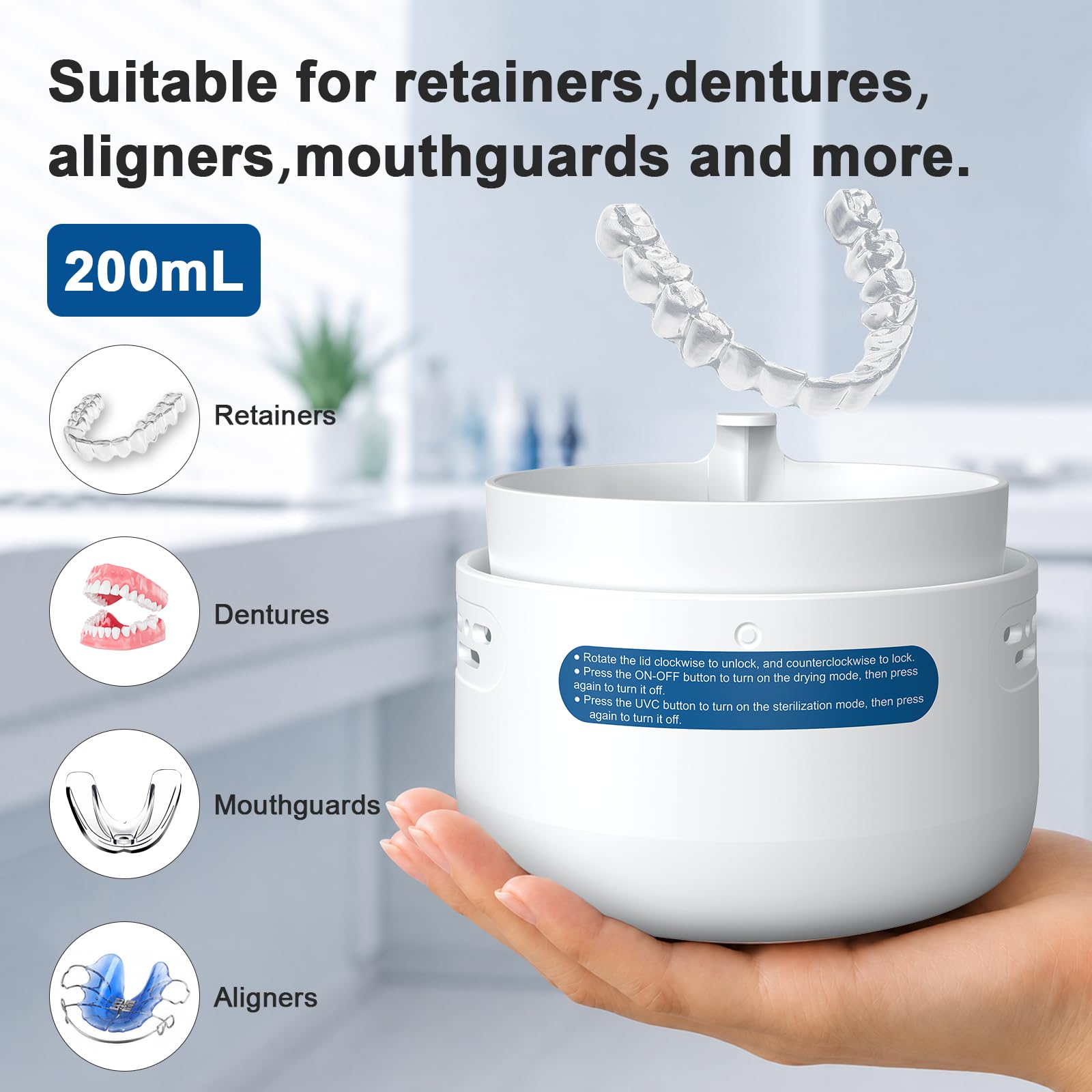 UV Boite Appareil Dentaire avec Séchage à l'air et Stérilisation UV.Compatible avec Appareils de Contention,Prothèses Dentaires et Dentiers.(PAS une machine de nettoyage) Blanc.