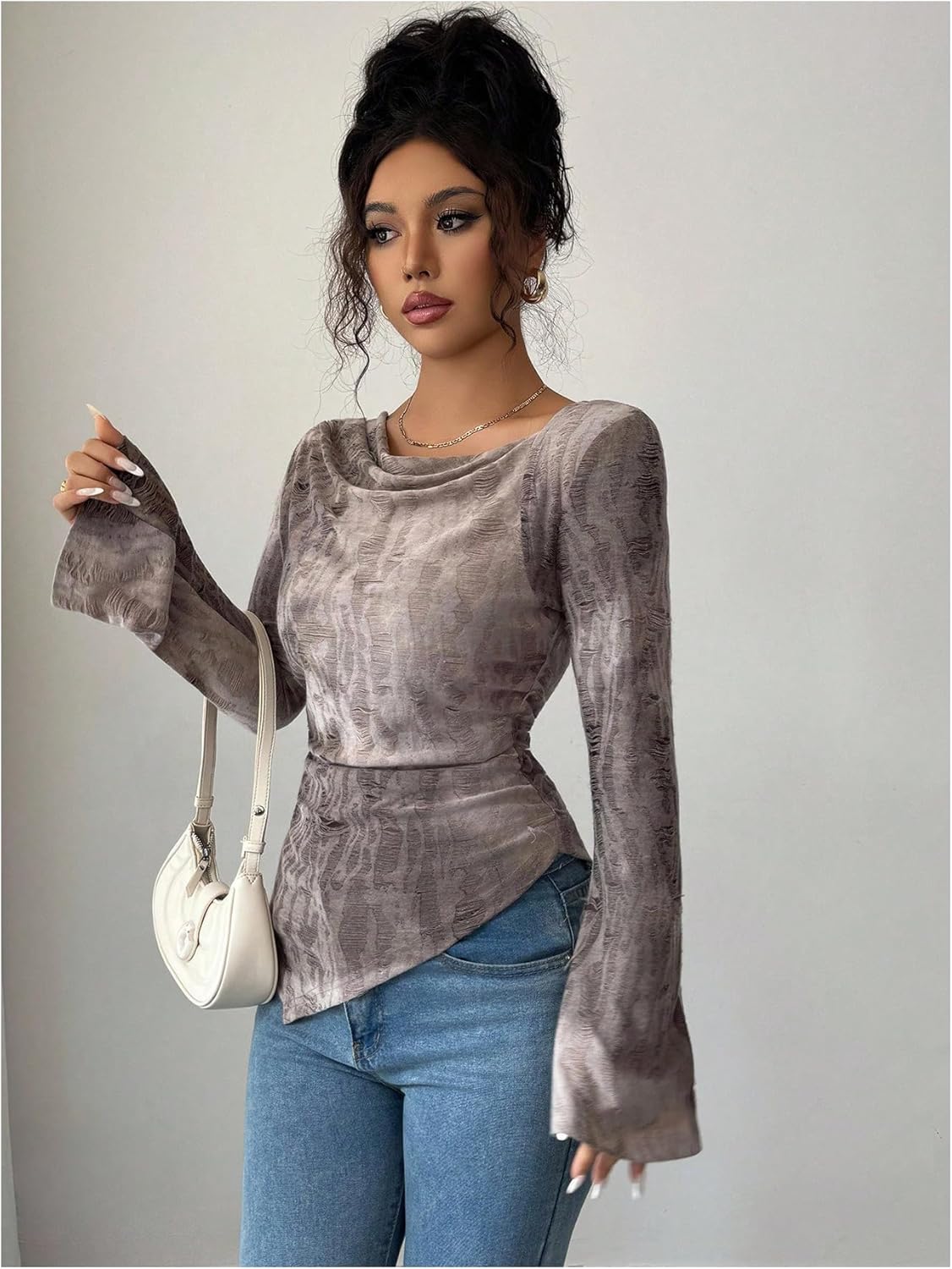 SweatyRocks Women's Tie Dye Cowl Neck Tops Asymmetrical Hem Slim Fit Bell Sleeve Ruched T Shirt - Image 4