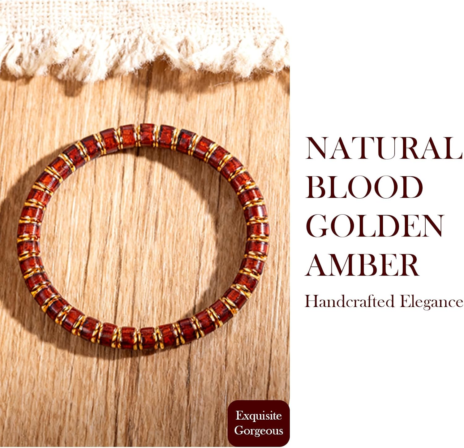 Amber Bracelet for Women Men Natural Blood Red Gold Ambers with 18k Gold Plated Jewelry Handmade Stretch Band Bracelets Fashion Design - Image 8