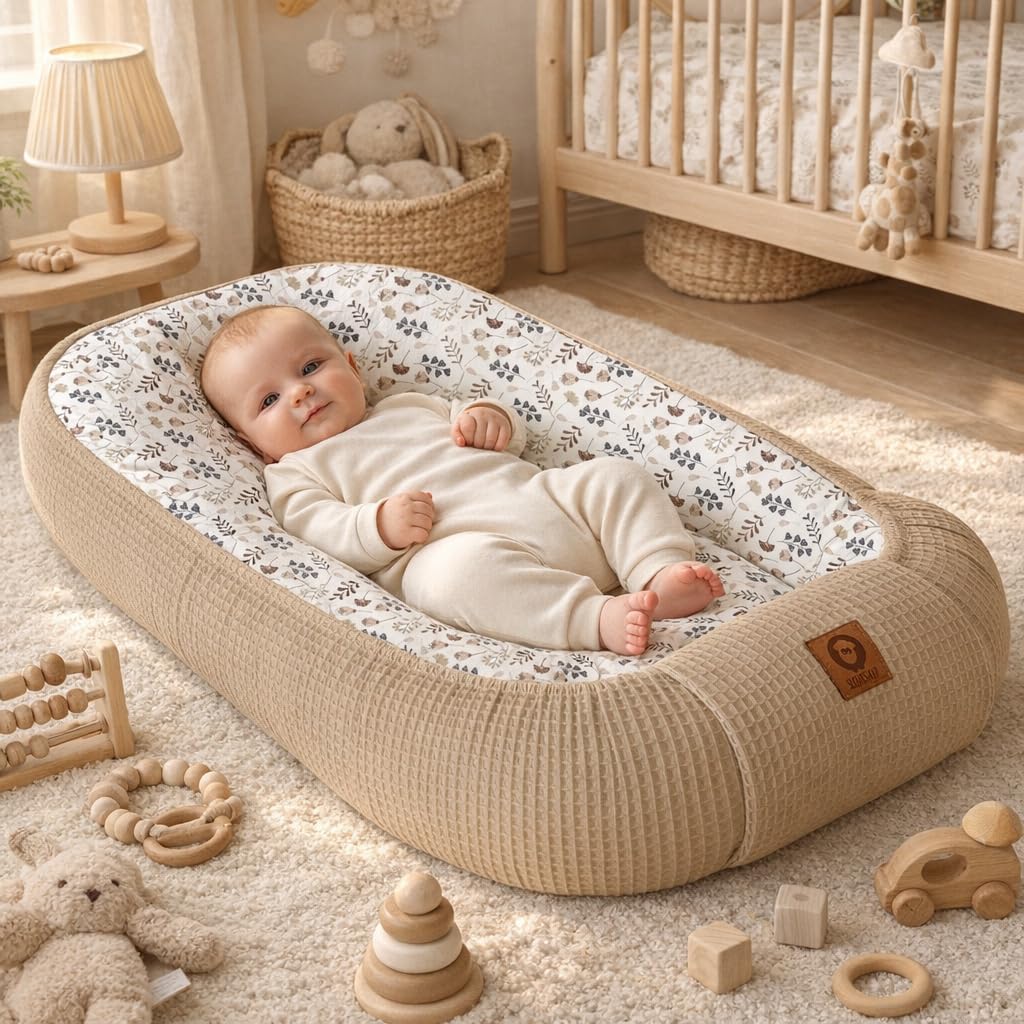 Babynest Nestchen Baby Set für Neugeborene – 5-teilig – Kuschelnest aus 100% Baumwolle & Waffelpique – Babykokon tragbar – für Babybett, Kinderbett & Kinderwagen – OEKO-TEX - Zweige und Braun