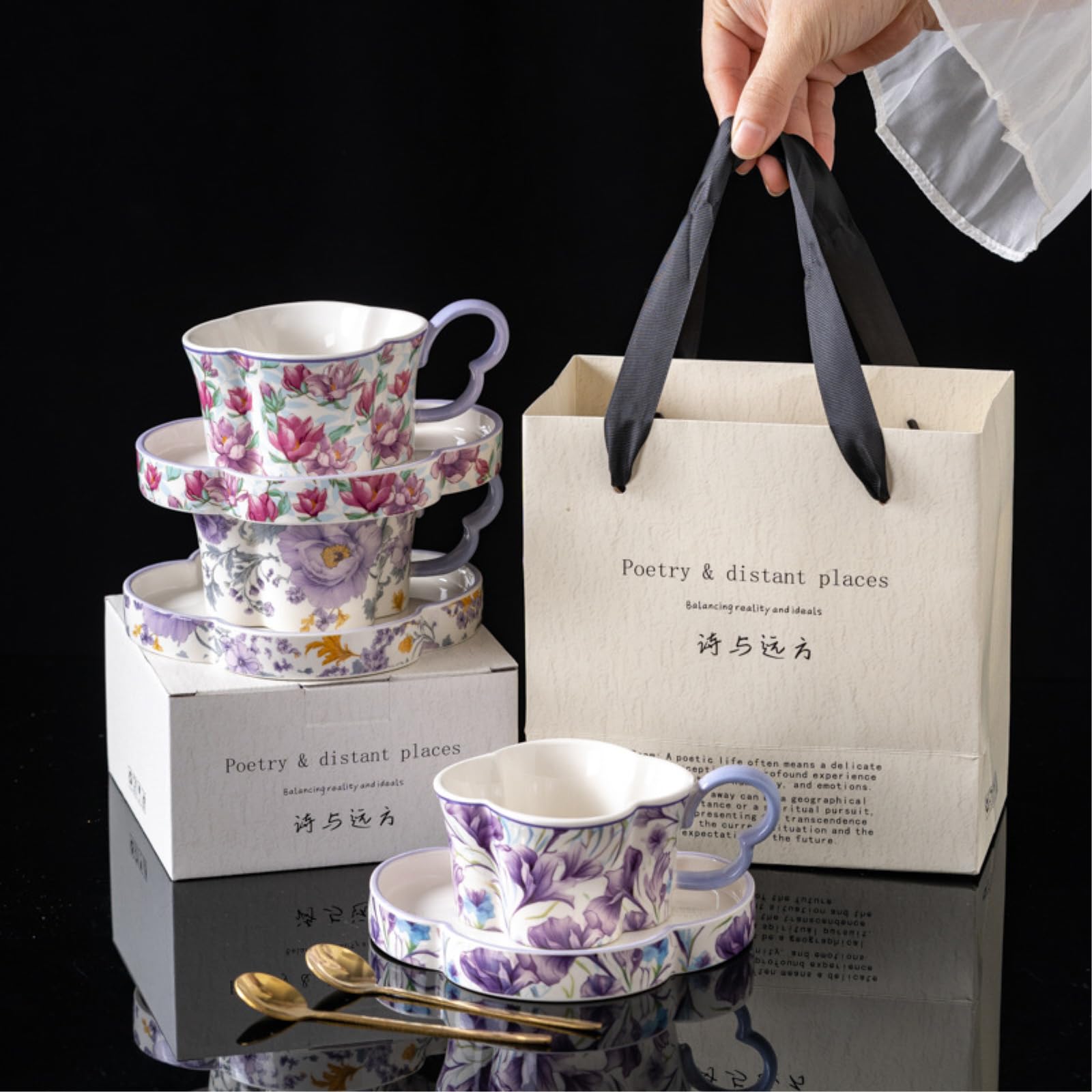 Ceramiczny zestaw filiżanek do kawy i spodków, 255 ml, pusta orchidea, kwiatowy wzór, 2 filiżanki i 2 spodki