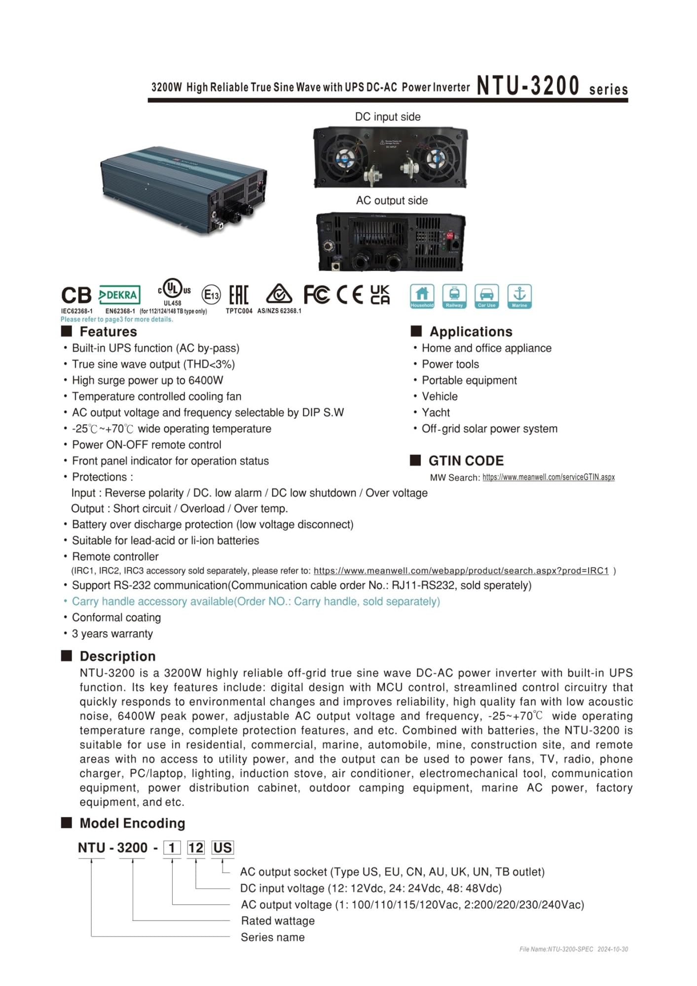 Falownik 3200 W z zasilaczem UPS DC-AC NTU-3200-112US NTU-3200-124US NTU-3200-148US (NTU-3200-148US)