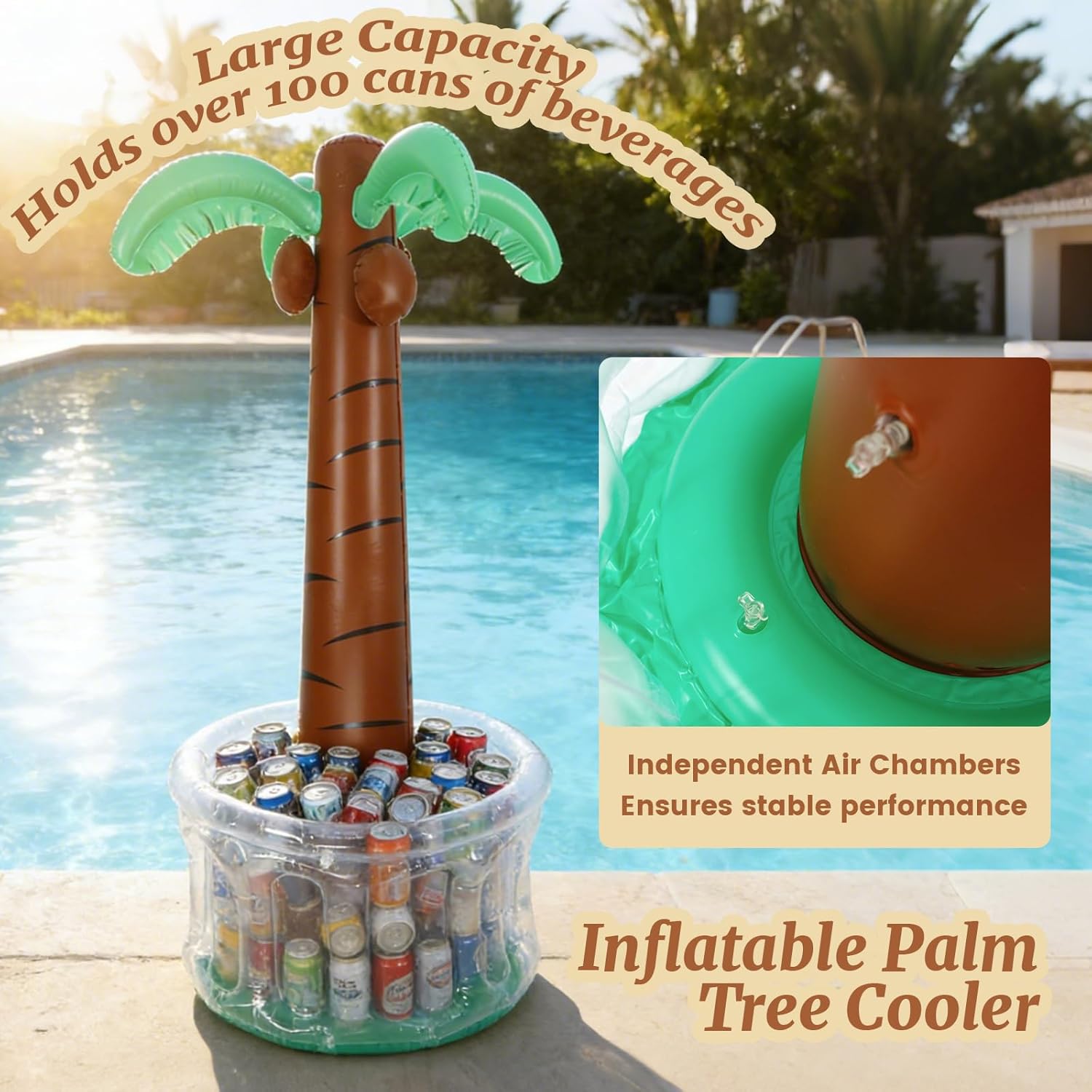 60" Inflatable Palm Tree Cooler, Floating Blow Up Drink Cooler for Pool Party, Giant Capacity Ice Bucket for Hawaiian Luau & Tropical Beach Party Supplies