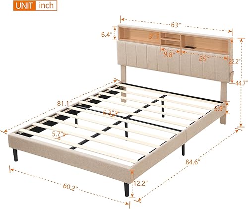 Miniatura 2 de CITYLIGHT Cama de plataforma tapizada tamaño Queen con cabecera de almacenamiento y puerto USB, marco de cama Queen de lino de madera frágil para