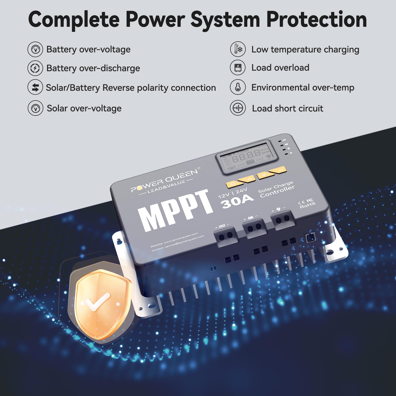 Power Queen 12/24 V 30A MPPT Regolatore di carica solare, potenza di ingresso max. 900 W, modulo Bluetooth integrato, display LCD, standard per batteria LiFePO4 e compatibile con batterie sigillate al