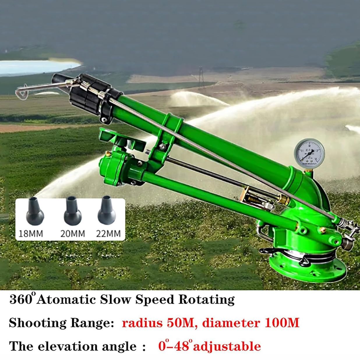 Irrigatore per irrigazione agricola, pistola a spruzzo a 360° per irrigazione di grandi aree, diametro ugello 26-53 mm, ideale per prato giardino agricolo