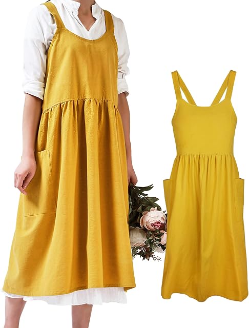 Small snail Women Apron Japanese Style Cotton Aprons Cross Bandage Halter Pinafore with Big Pockets Solid Color Literature Art Baggy Casual Bib Home Clothing for Cooking Chef Cafe Flower Shop Yellow