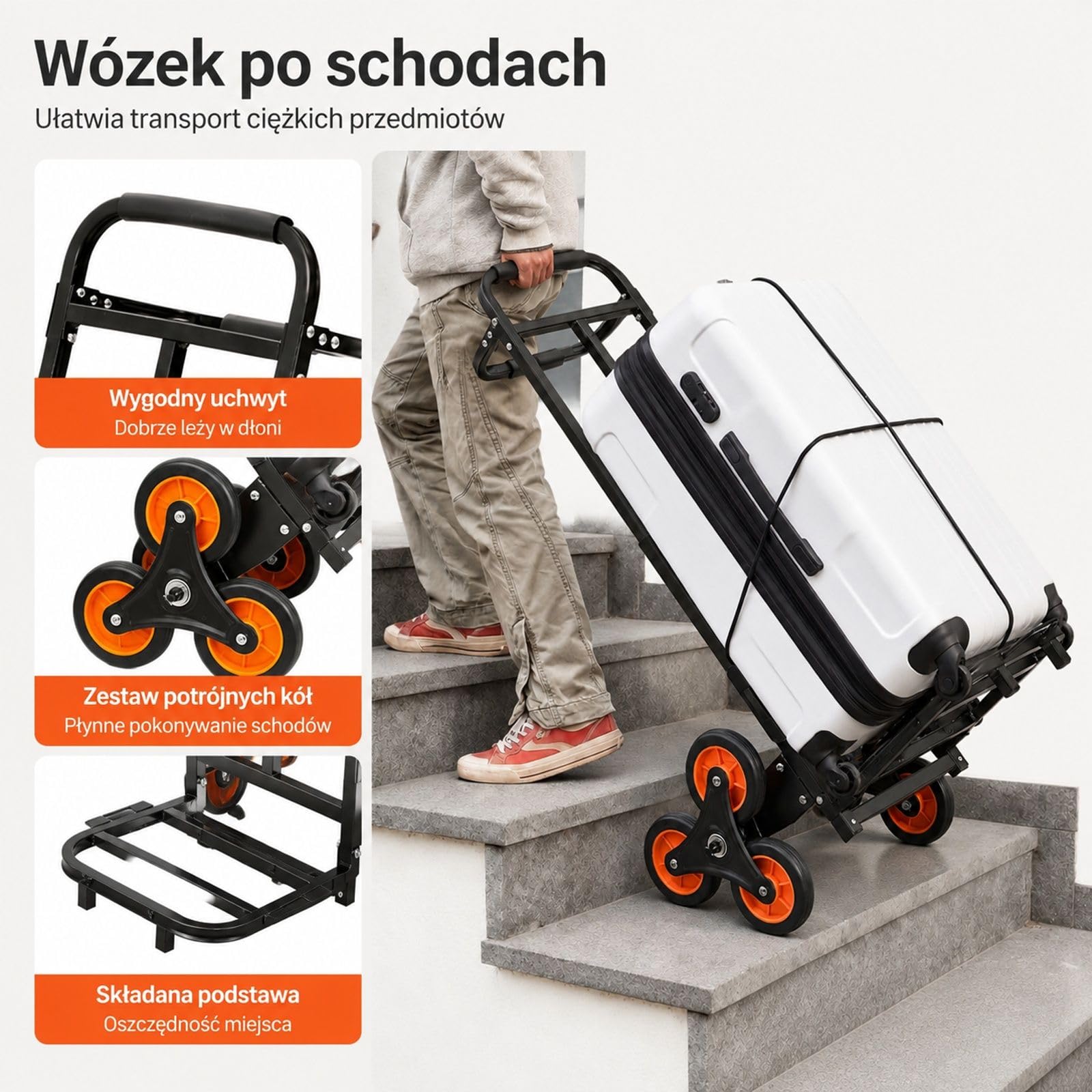 Składany wózek schodowy z teleskopową rączką, rama ze stali węglowej, 6 kółek, 2 pasy napinające, udźwig 100 kg, do domu, na zakupy i do przechowywania