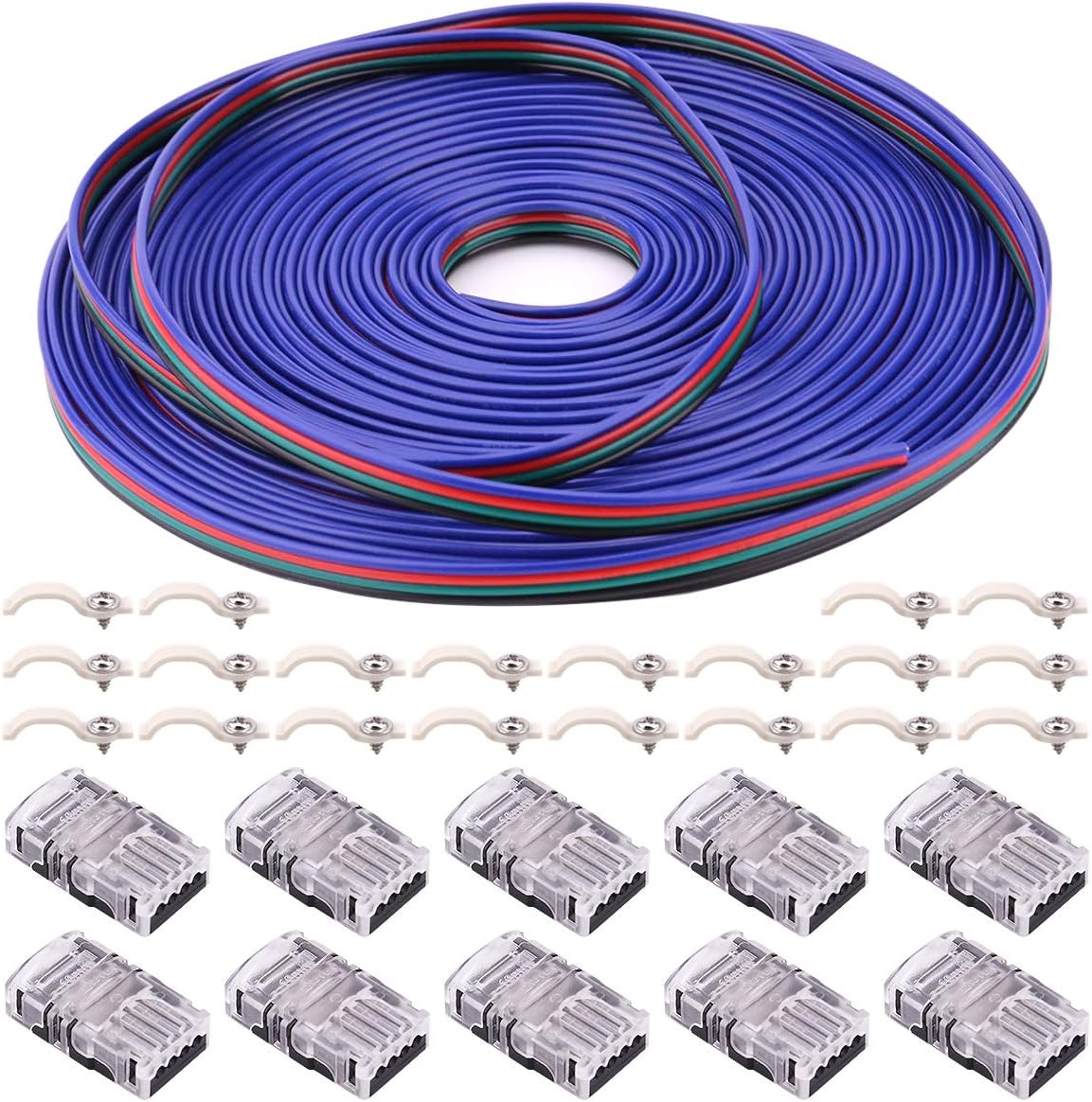 4Pin RGB LED Strip Connector Kit - 10mm 5050 RGB LED Connector Kit includes 10x Strip to Wire Quick Connectors, 32.8ft RGB Extension Wire Cable, 20x LED Strip Clips