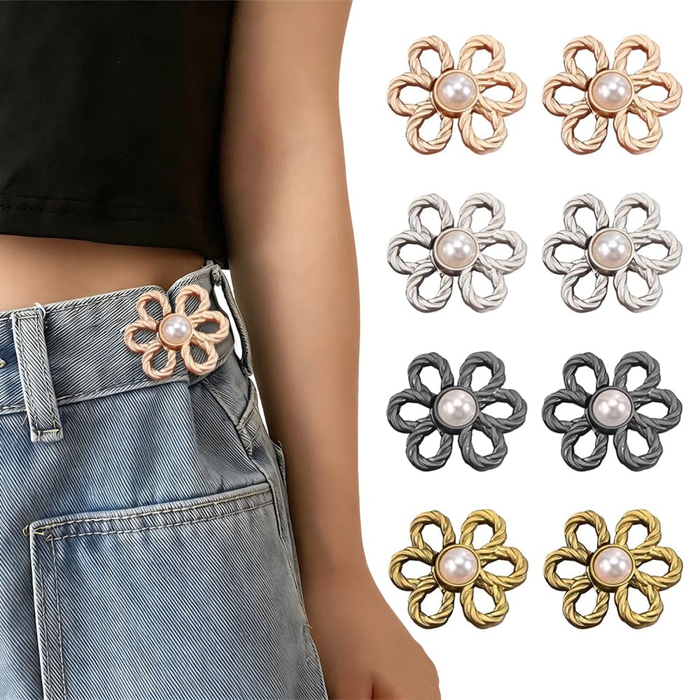 JANUOFIT 8 Pc No-Sew Adjustable Waist Tightener Buttons for Jeans & Pants – Clip-On Waist Cinching Clips for Women with Floral Butterfly Design
