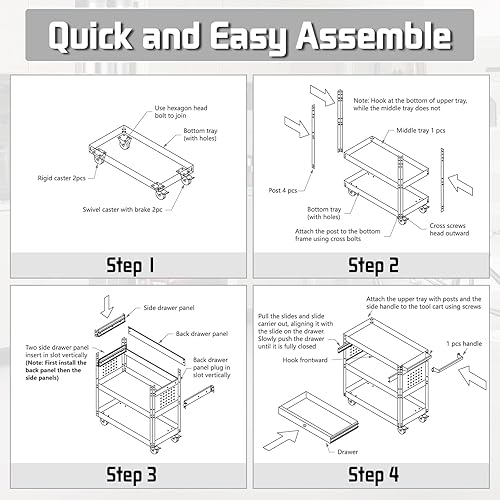 Miniatura 10 de Carrito de herramientas rodante de 3 niveles con cajones, carrito de herramientas mecánicas de capacidad de 400 libras con ruedas, carrito de
