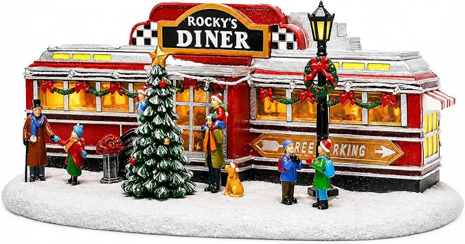 Christmas Village Building, Rockys Diner, Retro 1950s Diner with LED Lights and Christmas Music - Battery Operated not included optional 4.5V adapter not included 5.8"H x 13.6"W x 7.1"D