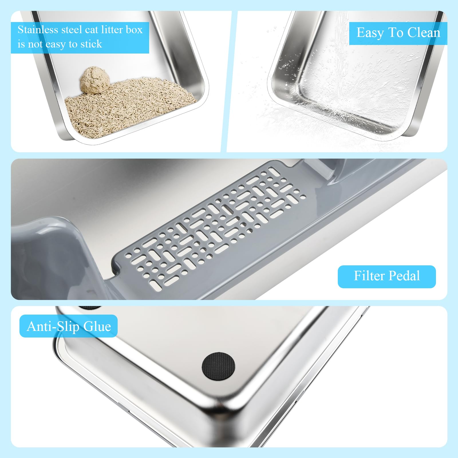 Lettiera per gatti in acciaio inox, 50 x 35 x 20 cm, grande con recinzione rialzata rimovibile, apertura senza coperchio con pala e panno, efficace paraspruzzi e facile da pulire, grigio