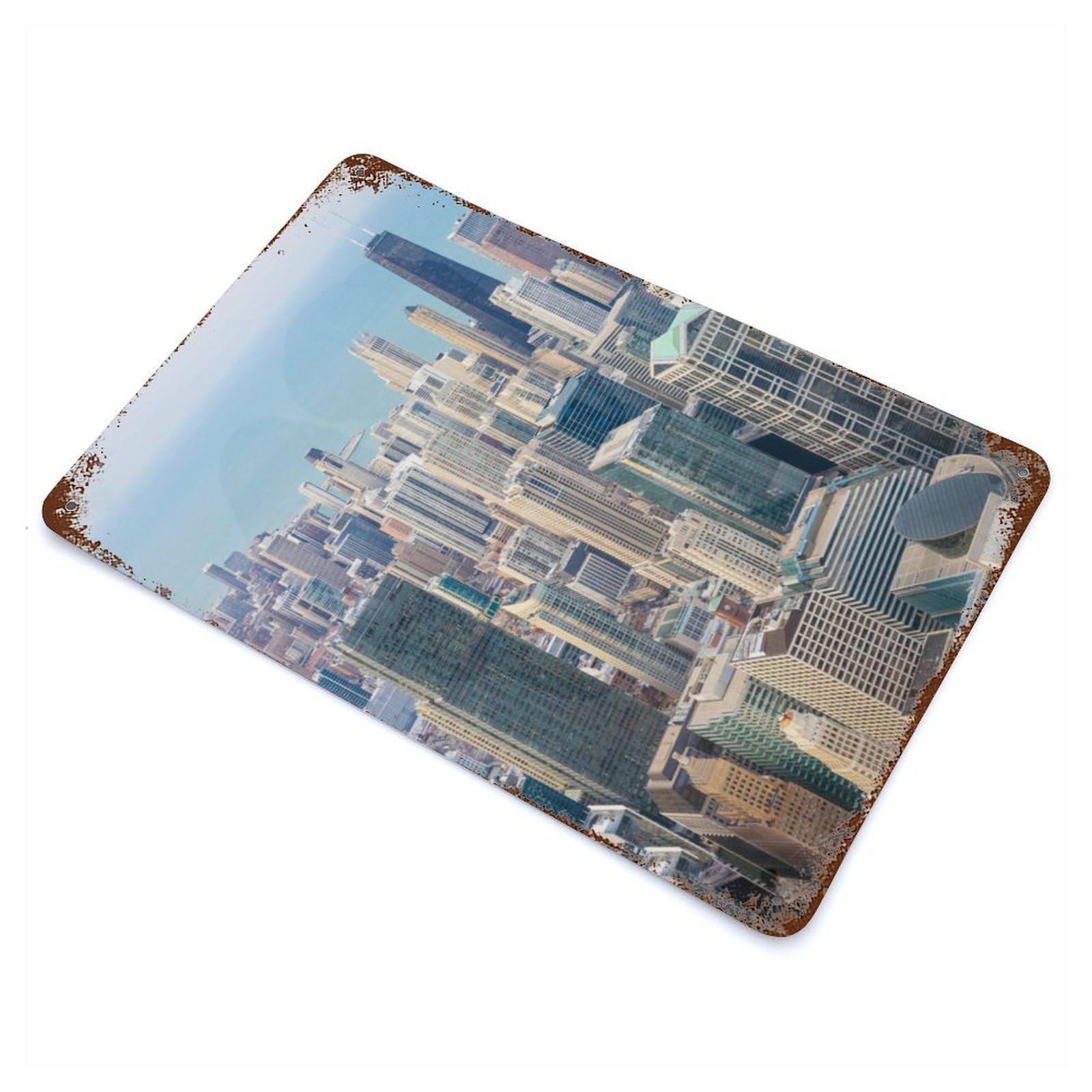 Retro Metal Sign with Chicago Skyline Design 11.8"x7.9", for Farmhouse, Kitchen And Entryway Decor, Shabby Chic Decor