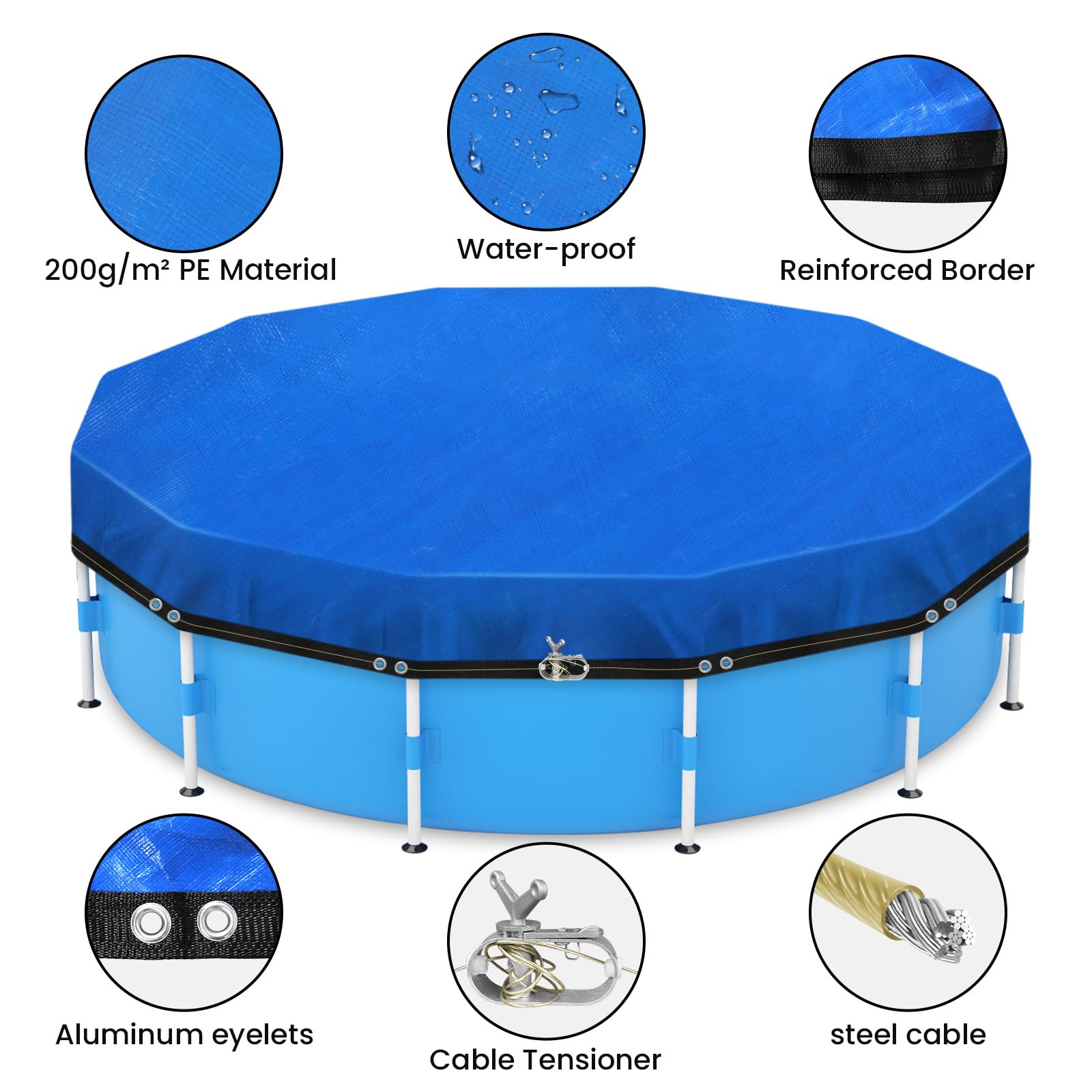 Cubierta Redonda para Piscinas de 460 cm, Lonas para Iscinas, Cubierta de Piscina de Verano e Invierno con Cordón y Clavijas para el Suelo, Fácil de Instalar y Estable, Negra