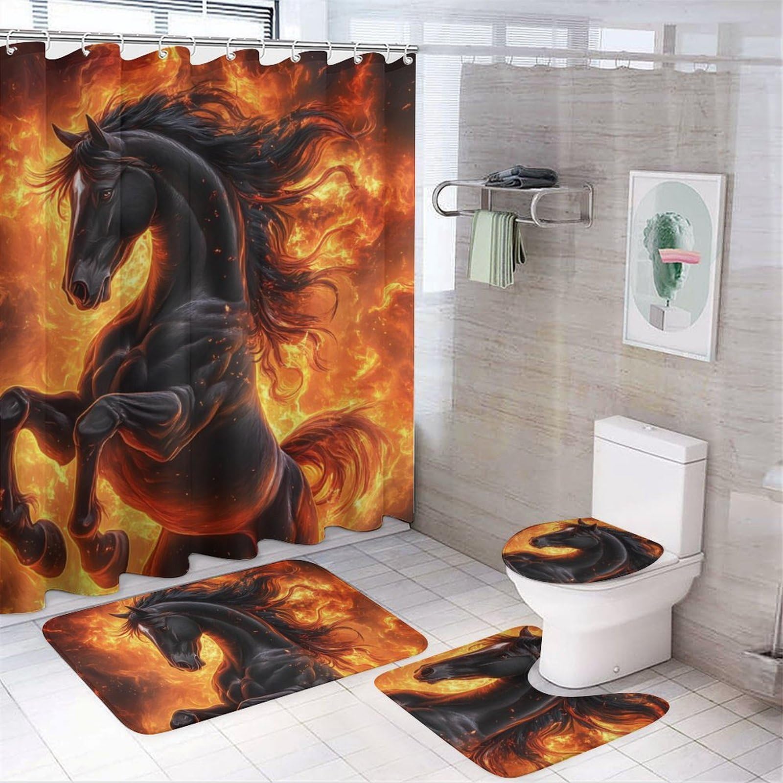 CGSBNGHA Fire Horse Shower Curtain Set 4 Piece Bathroom Sets with Rugs Toilet Lid Cover And U-Shaped Floor Mat