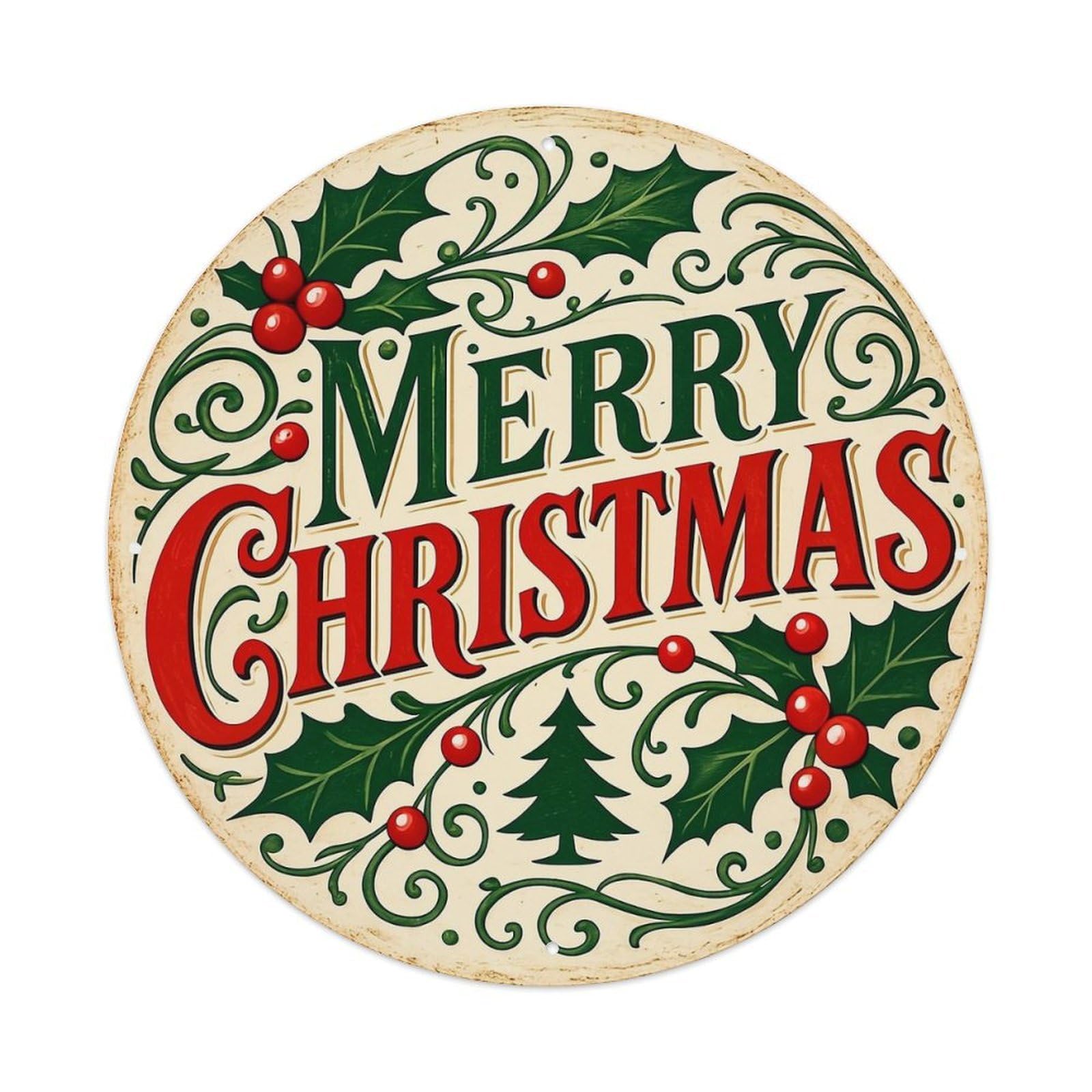Merry Christmas Holly Berry Design Tin Sign Metal Poster Vintage Metal Signs for Home Man Cave Bar Cafe Kitchen laundry room Wall Decorations 8x8 inches