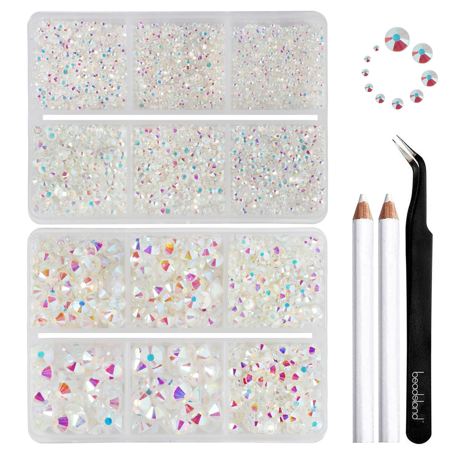 Beadsland Flatback Rhinestones, Transparent AB, 8300pcs Mixed 10 Sizes