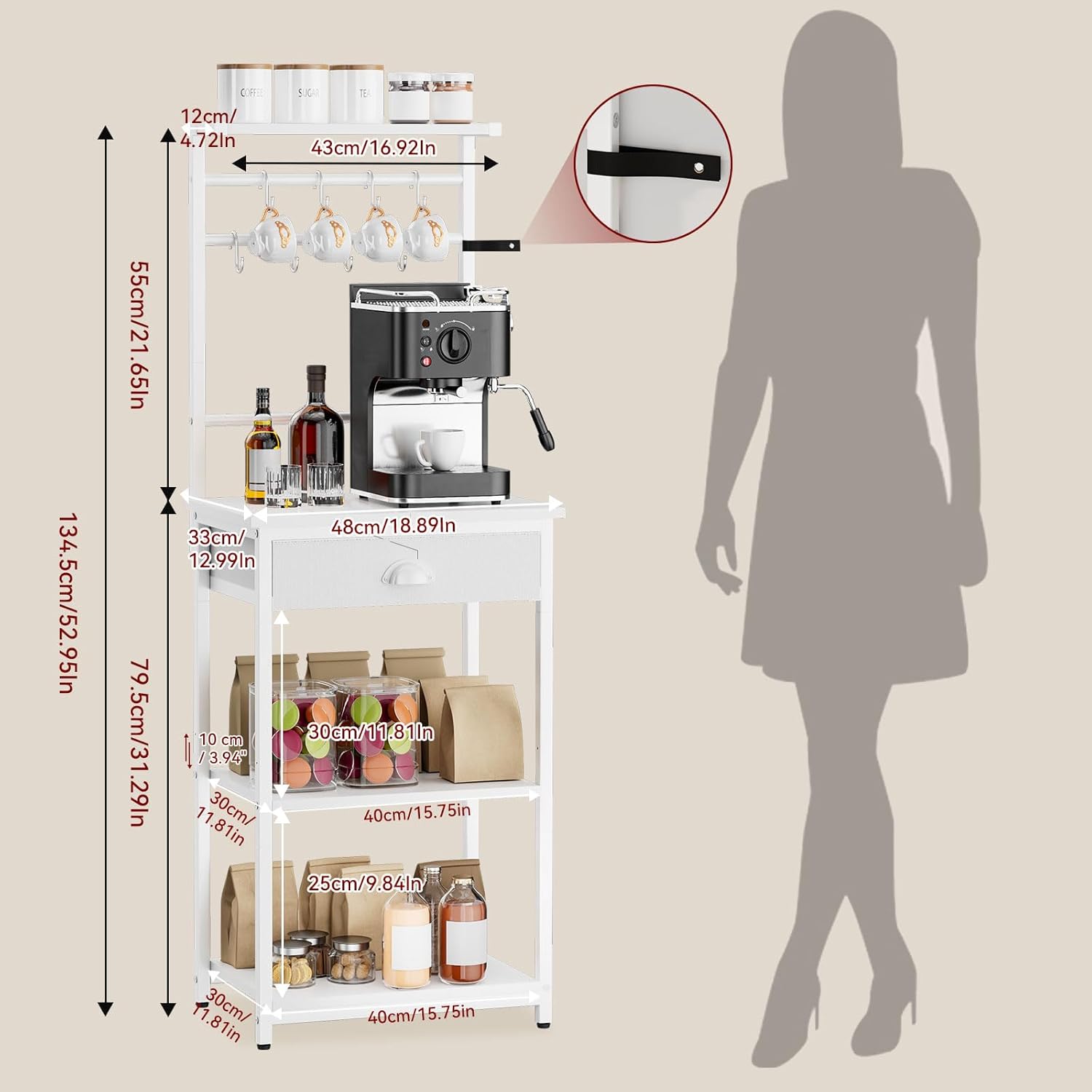 YMYNY 5 Tier Coffee Bar Station, Coffee Stand with Fabric Drawers, 8 S-Shaped Hooks, Corner Bar Cabinet, Height Adjustable, Bakers Rack for Kitchen, Living Room, White HBR009W