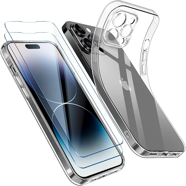 Qasyfanc Case Compatible with iPhone 14 Pro with Camera Protection and 2 Screen Protector, TPU Silicone Crystal Clear Soft Cover Flexible Transparent Shockproof Cover
