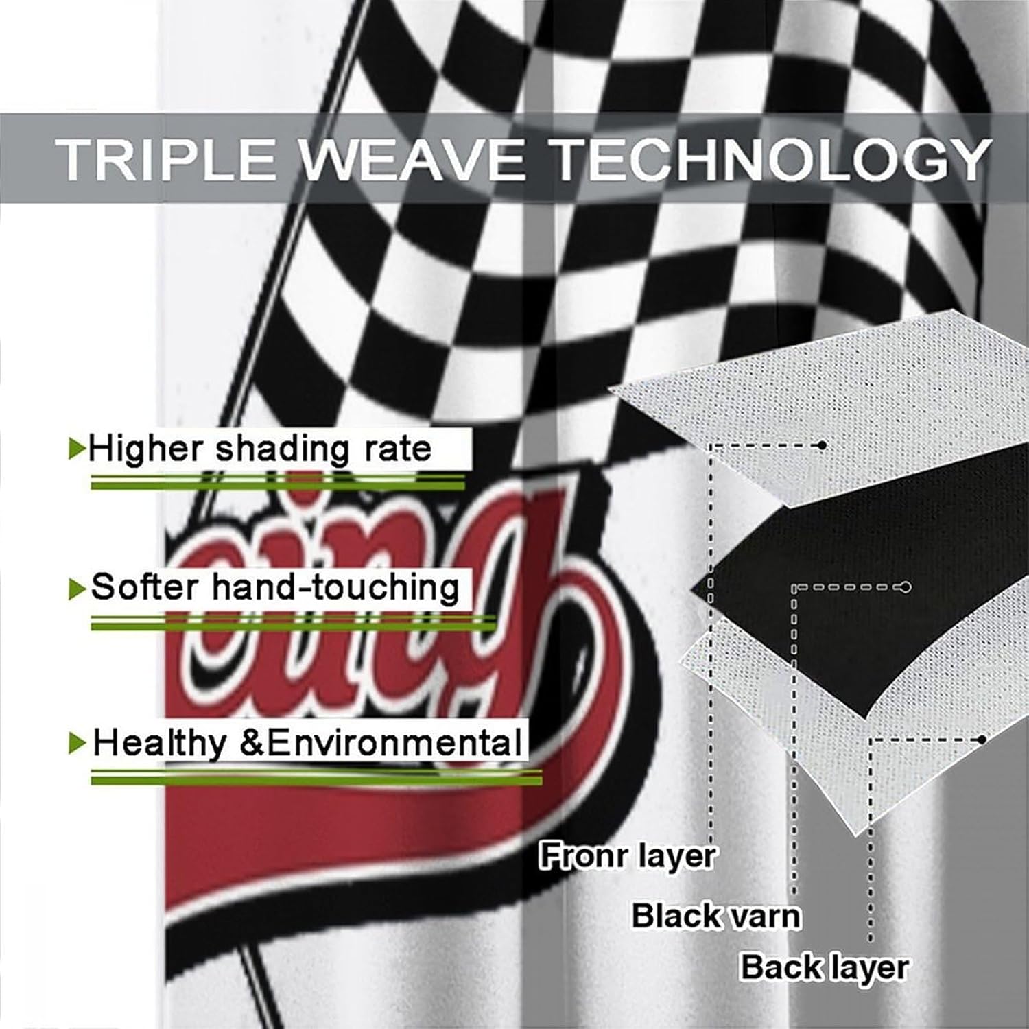 Racing Car Curtains, Vintage Extreme Speed Sports Automobile Competition Black and White Checked Flag Pattern Drapes, Blackout Rod Pocket Window Treatments for Living Room Bedroom Bathroom 42x45in