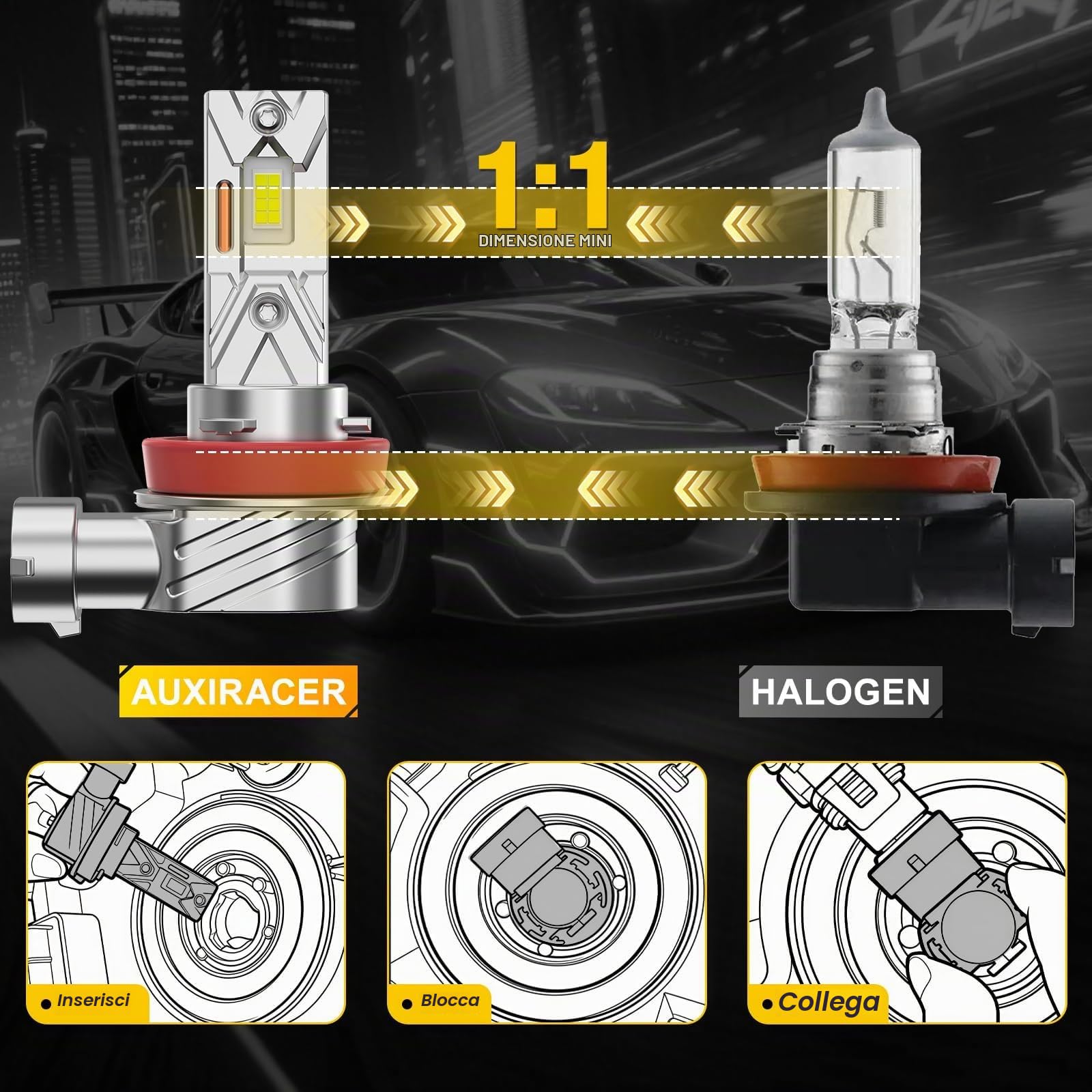 AUXIRACER H11/H8/H9 LED 500% Brillante, Lampadine H11/H8/H9 LED Plug and Play, 6500K Bianco Freddo Dimensione Mini 1:1, 9-24V per Auto e Moto, 2 pezzi